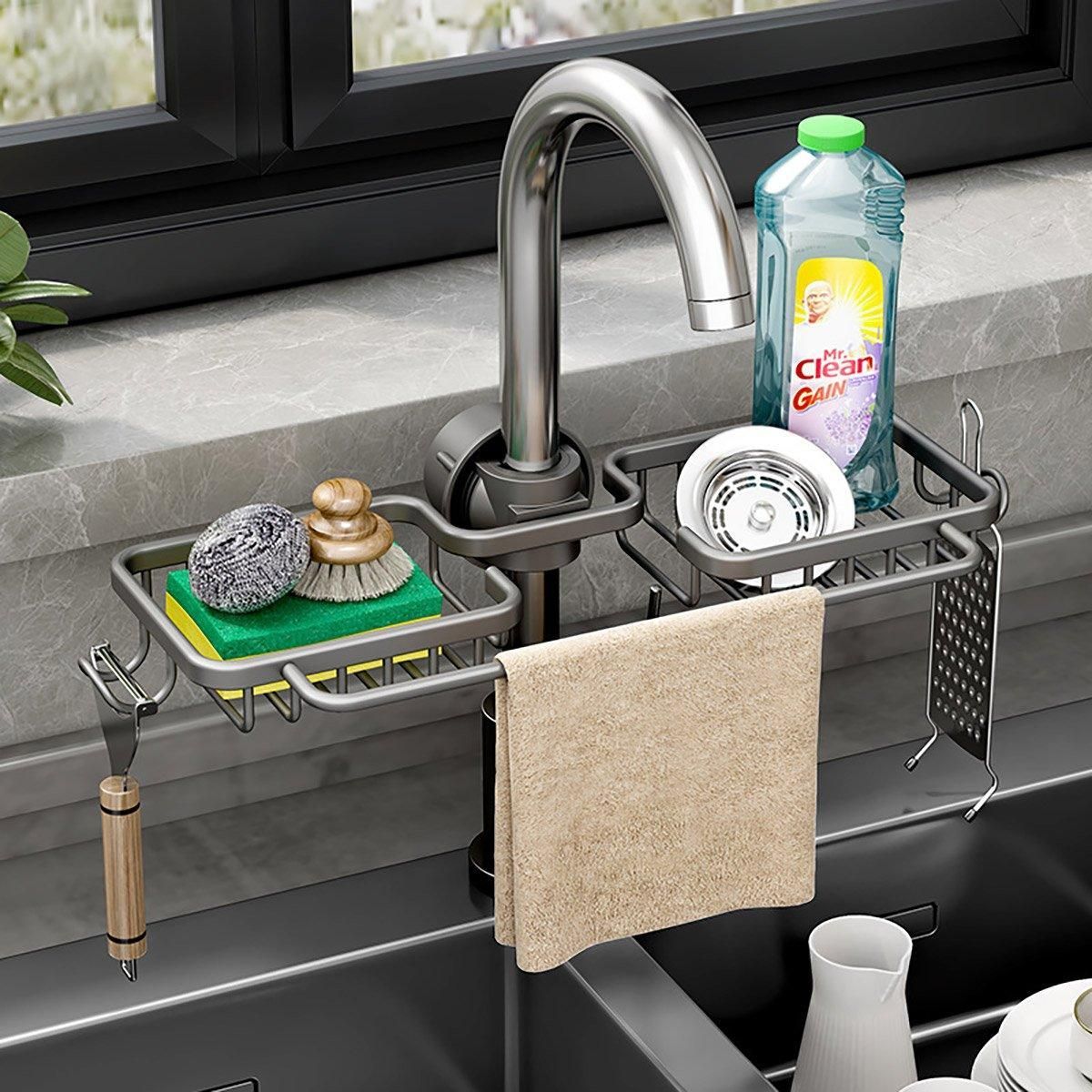 Multifunctional Faucet Shelf Kitchen Storage Sink Draining Basket Household Rack - Silver