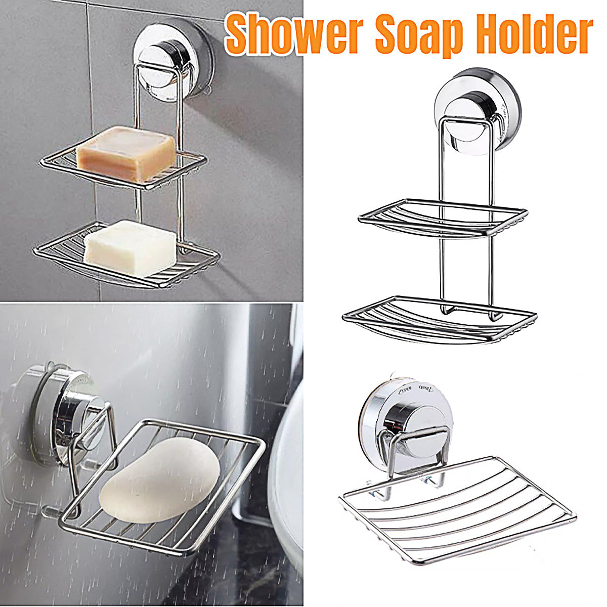Shower Bar Holder Suction Basket Wall Mounted Stainless Steel Bathroom Soap Dish - Double Layer