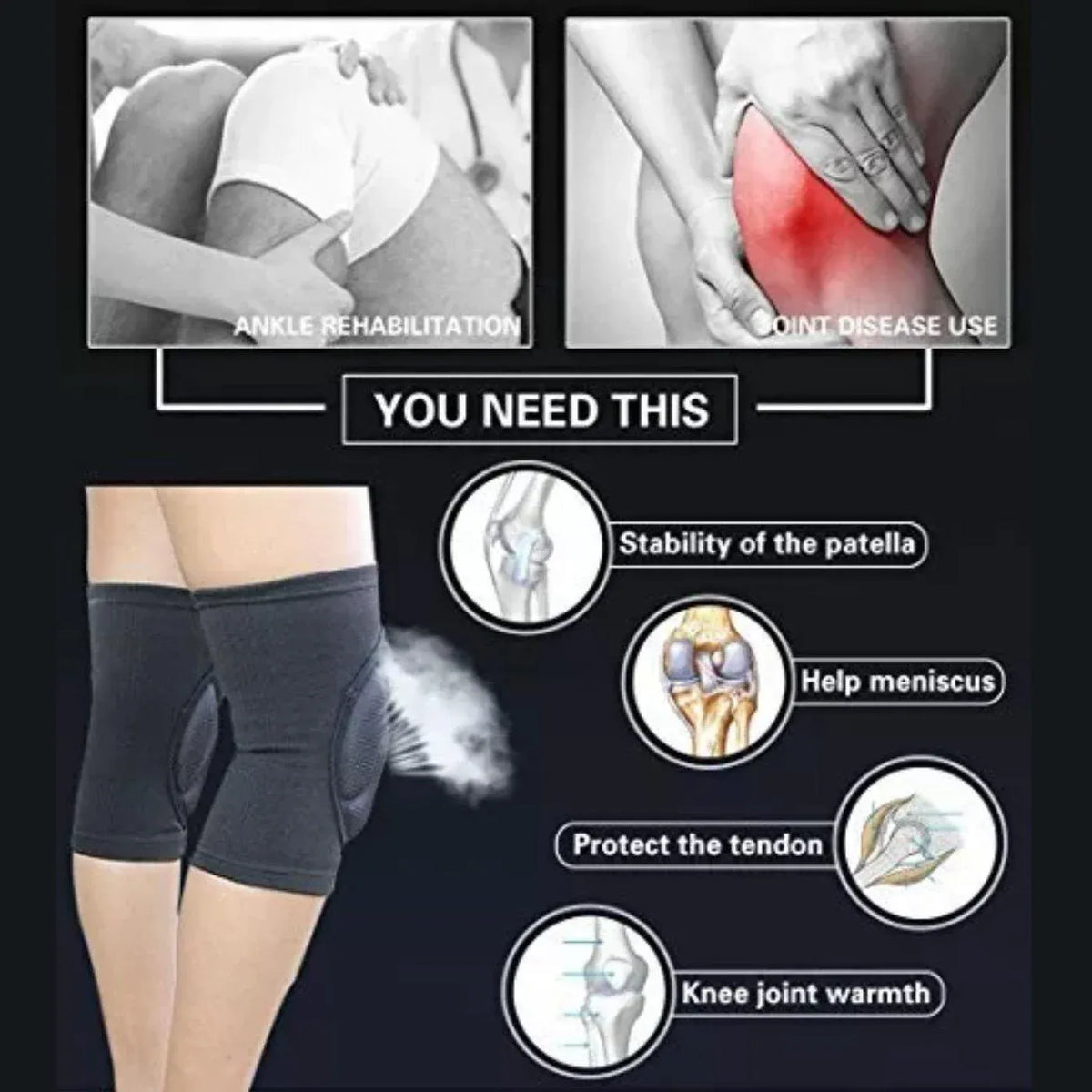 Knee Pad Crashproof Antislip Brace Leg Sleeve Protector Guard Support Men - Black*1 Pair