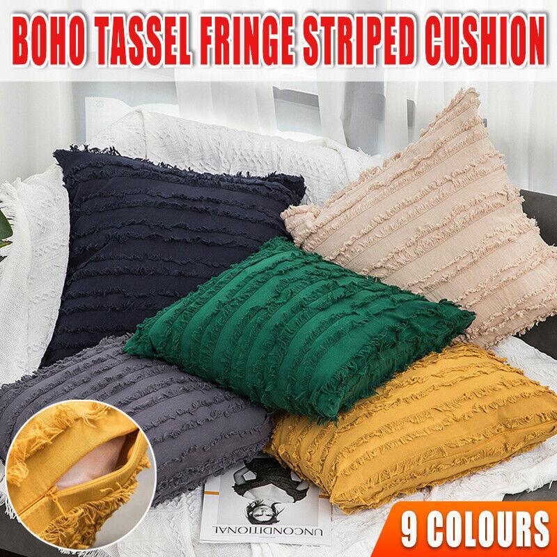 Boho Tassel Fringe Striped Cushion Cover Soft Home Decor Sofa Throw Pillow Case - White