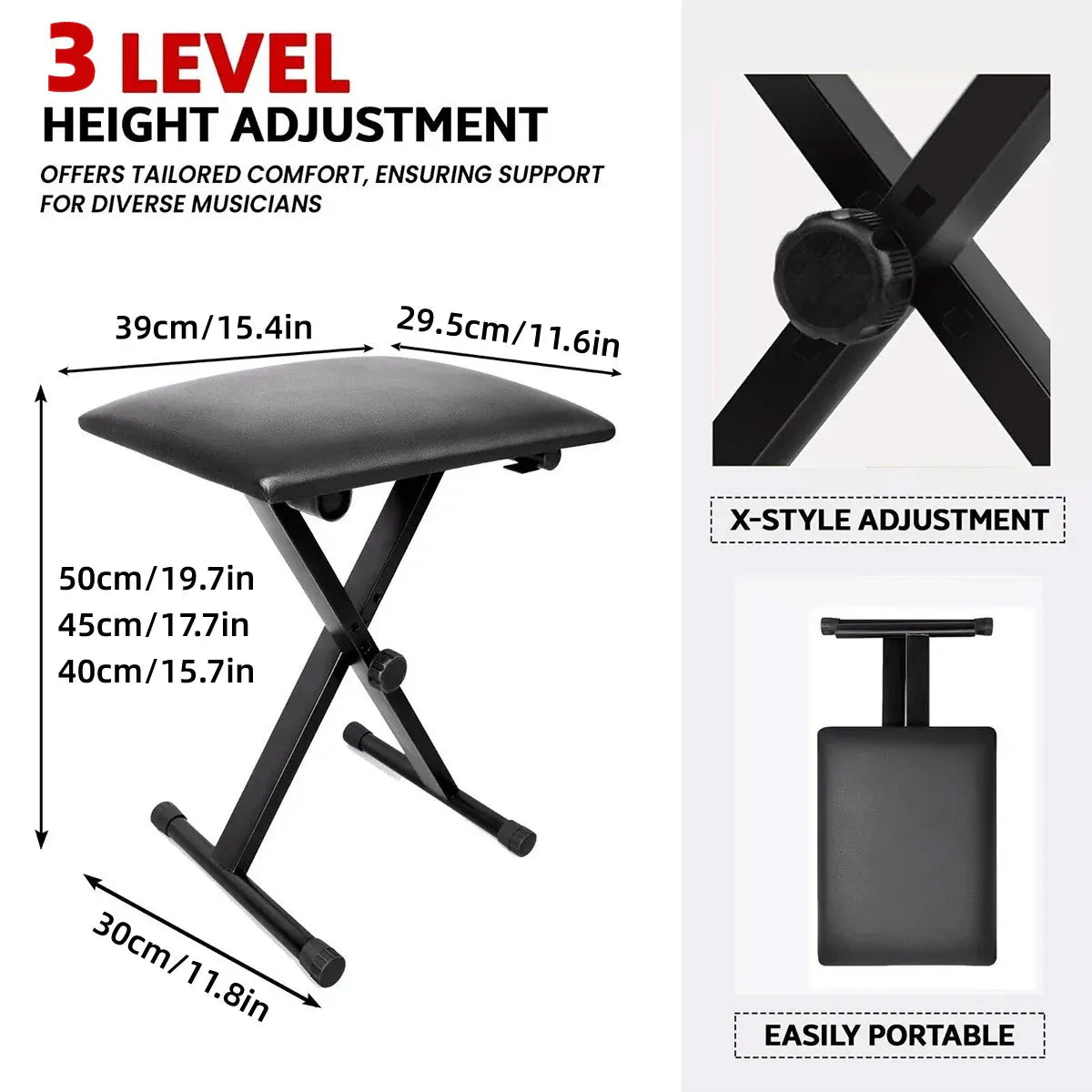 Electronic Organ Stool Three Level Adjustable Foldable Performance Chair Music