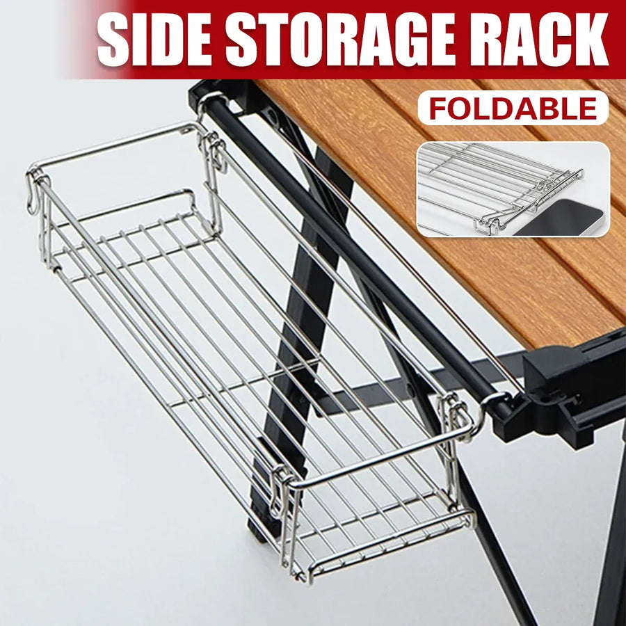 Folding Table Extension Rack Outdoor Camping Storage Shelf With Hanging Basket