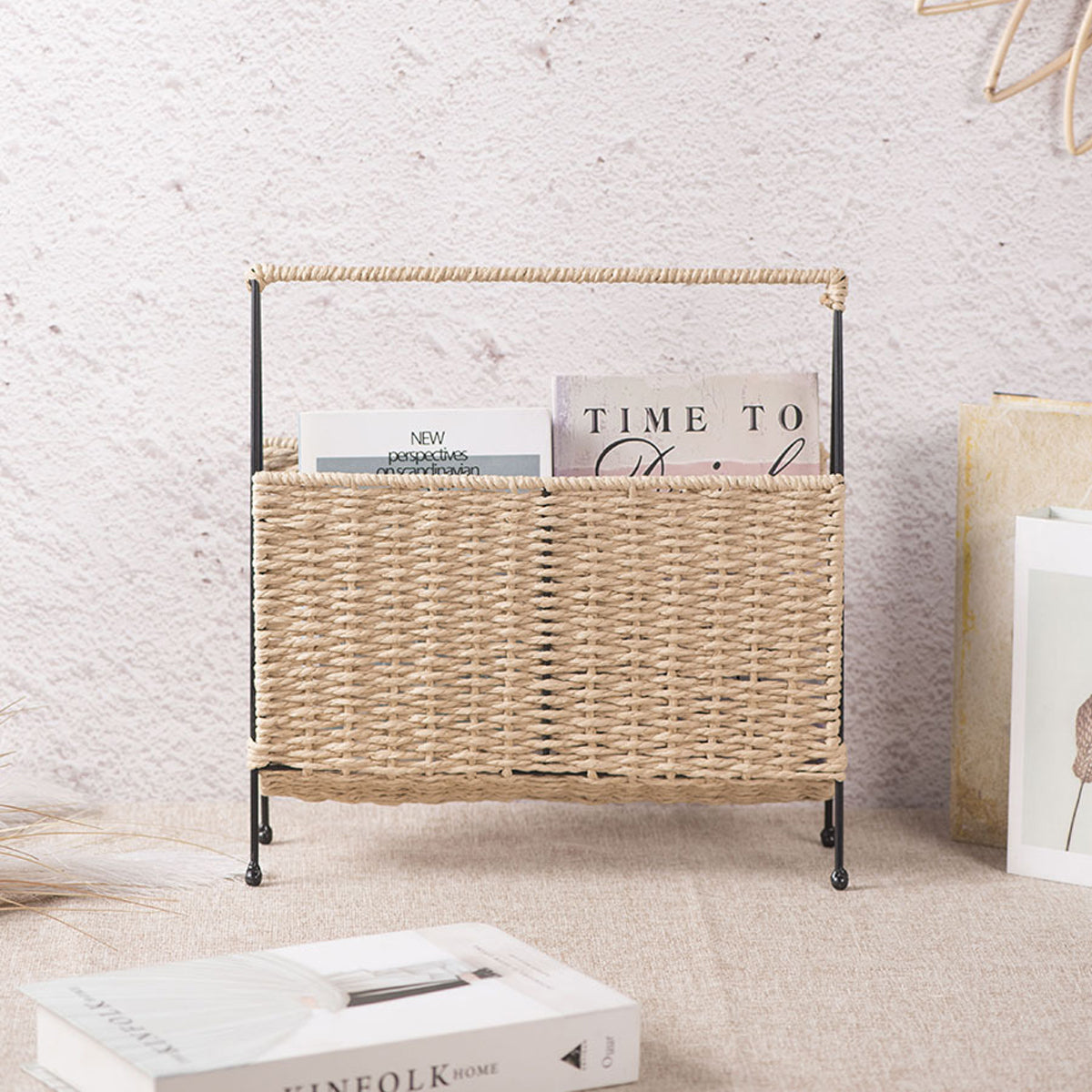 Natural Handwoven Magazine Rack Tabletop Bookshelf Newspaper Storage Basket