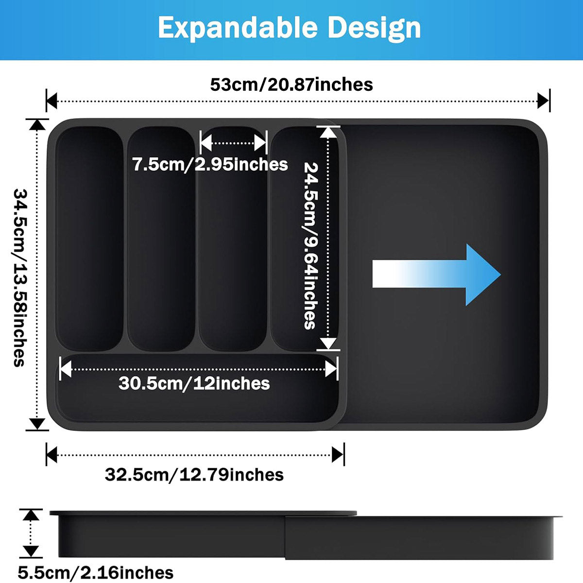Expandable Cutlery Drawer Organizer Adjustable 6 Slot Kitchen Utensil Tray - Black