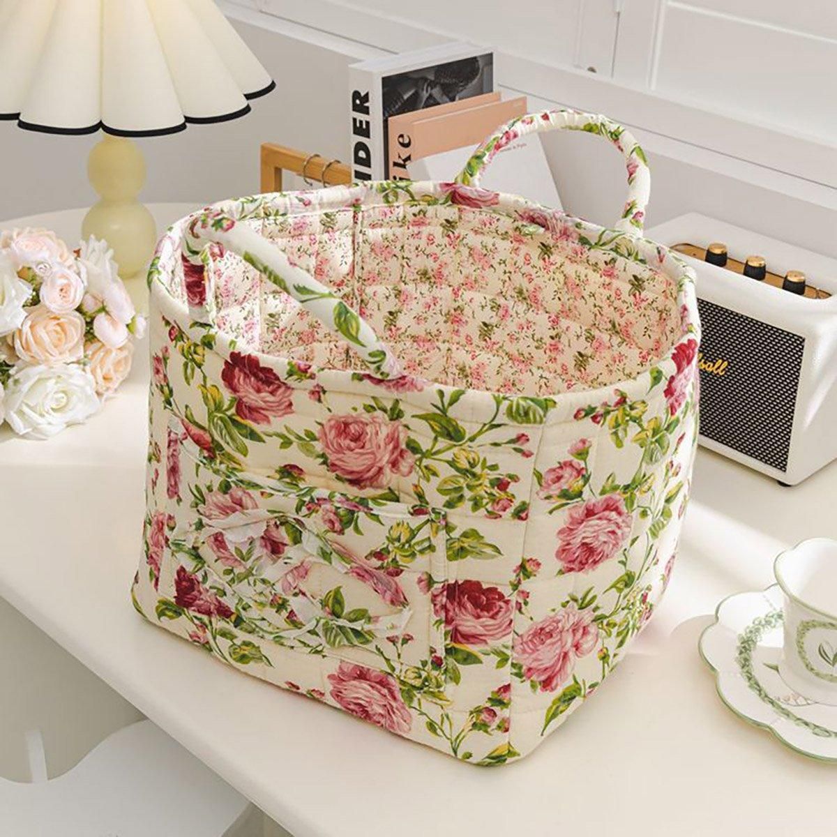 Portable Fabric Storage Basket Korean Pastoral Style Organizer for Home Sundries - Floral4