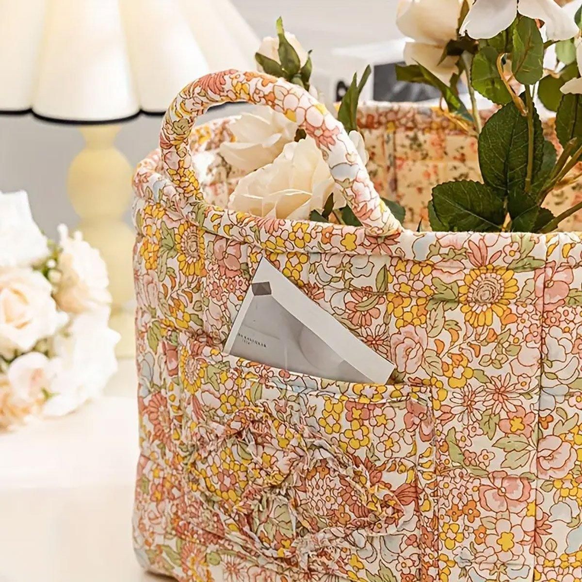 Portable Fabric Storage Basket Korean Pastoral Style Organizer for Home Sundries - Floral5