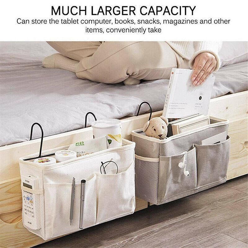 Hanging Bedside Storage Caddy with Pockets for Bunk Bed Dorm Couch Organizing - Grey Grid