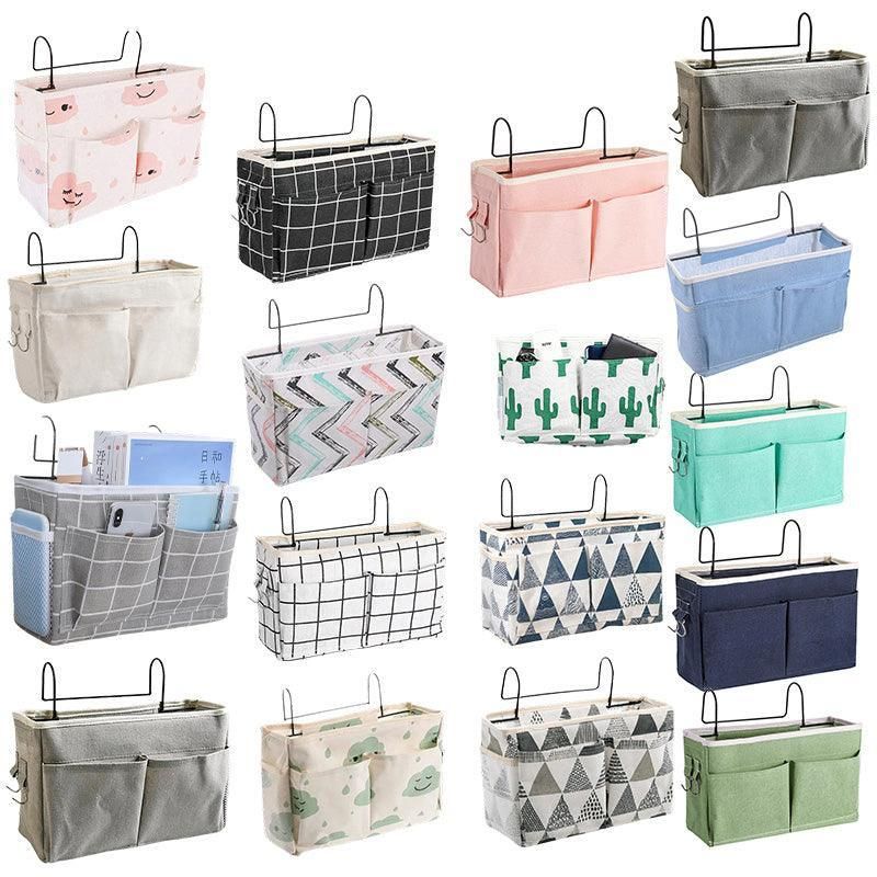 Hanging Bedside Storage Caddy with Pockets for Bunk Bed Dorm Couch Organizing - White Grid
