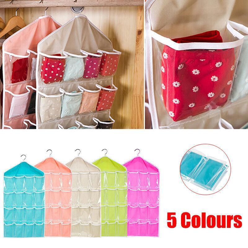 16 Pockets Hanging Wardrobe Storage Organizer Bag for Socks and Underwear - Pink