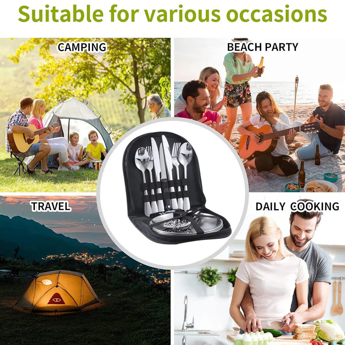 10/20PCS Camping Cutlery Set Outdoor Picnic Utensils Plates Spoons Forks Knives - Black-2 People