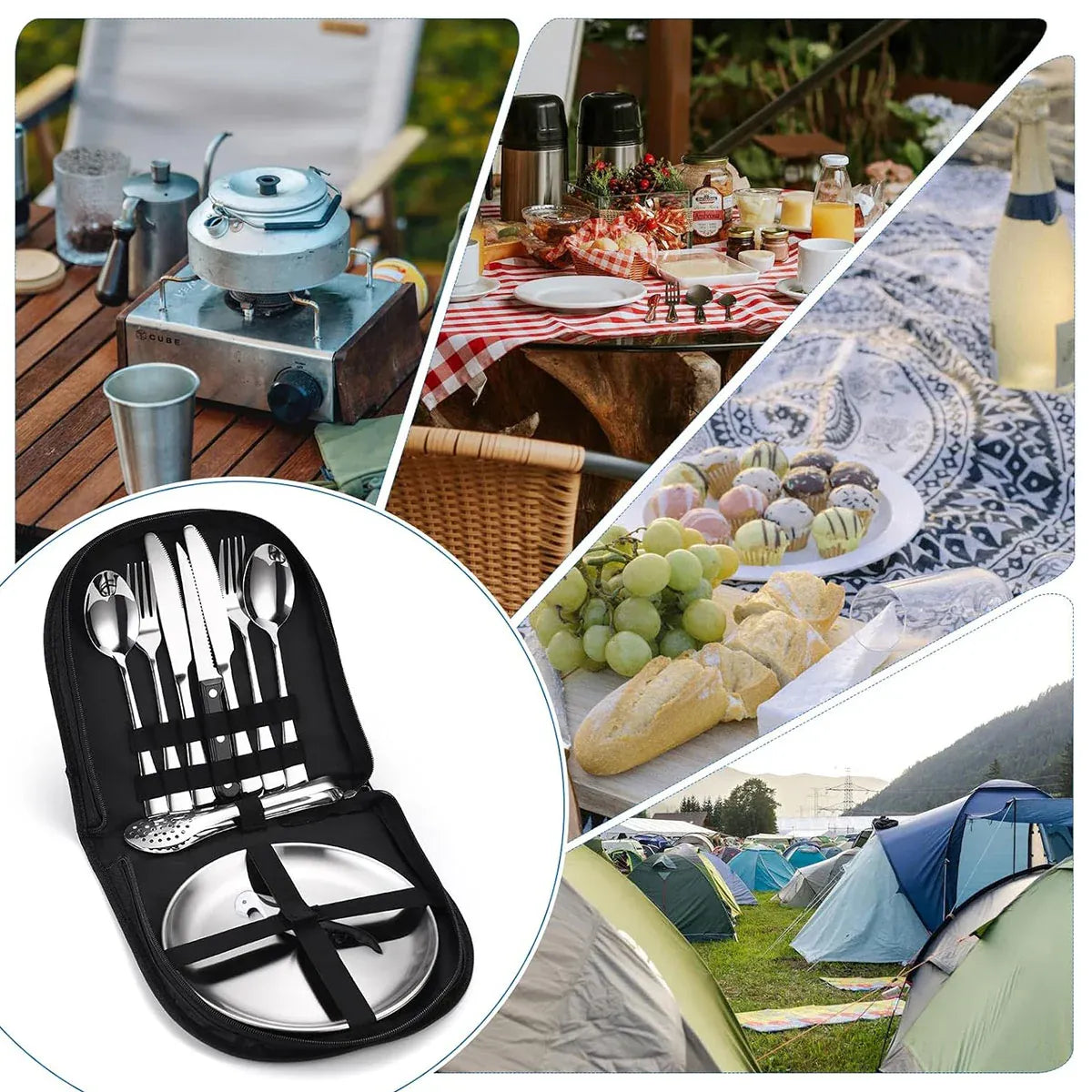 10/20PCS Camping Cutlery Set Outdoor Picnic Utensils Plates Spoons Forks Knives - Black-2 People