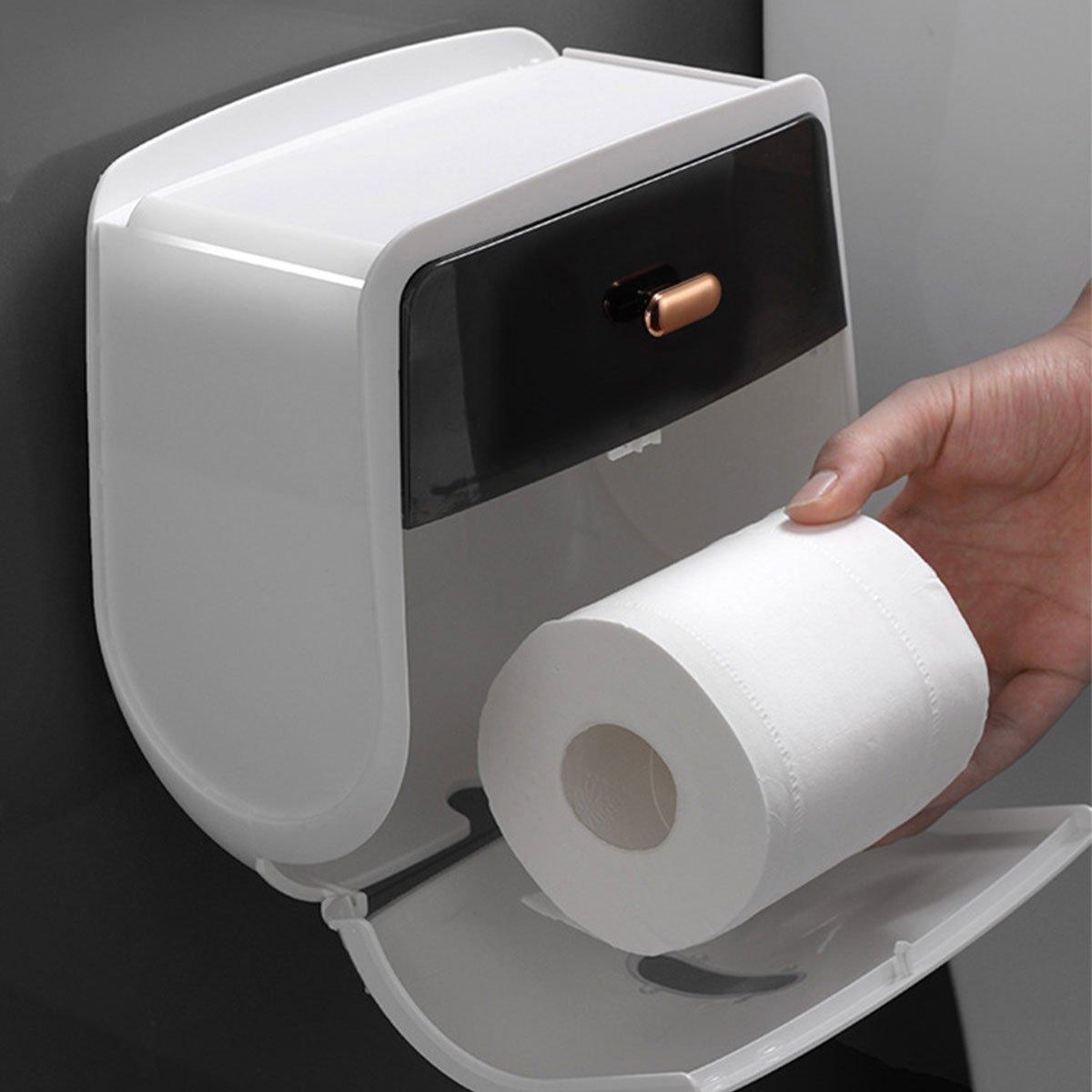 Wall-Mounted Toilet Tissue Paper Roll Holder Storage Box No punching Waterproof - Grey