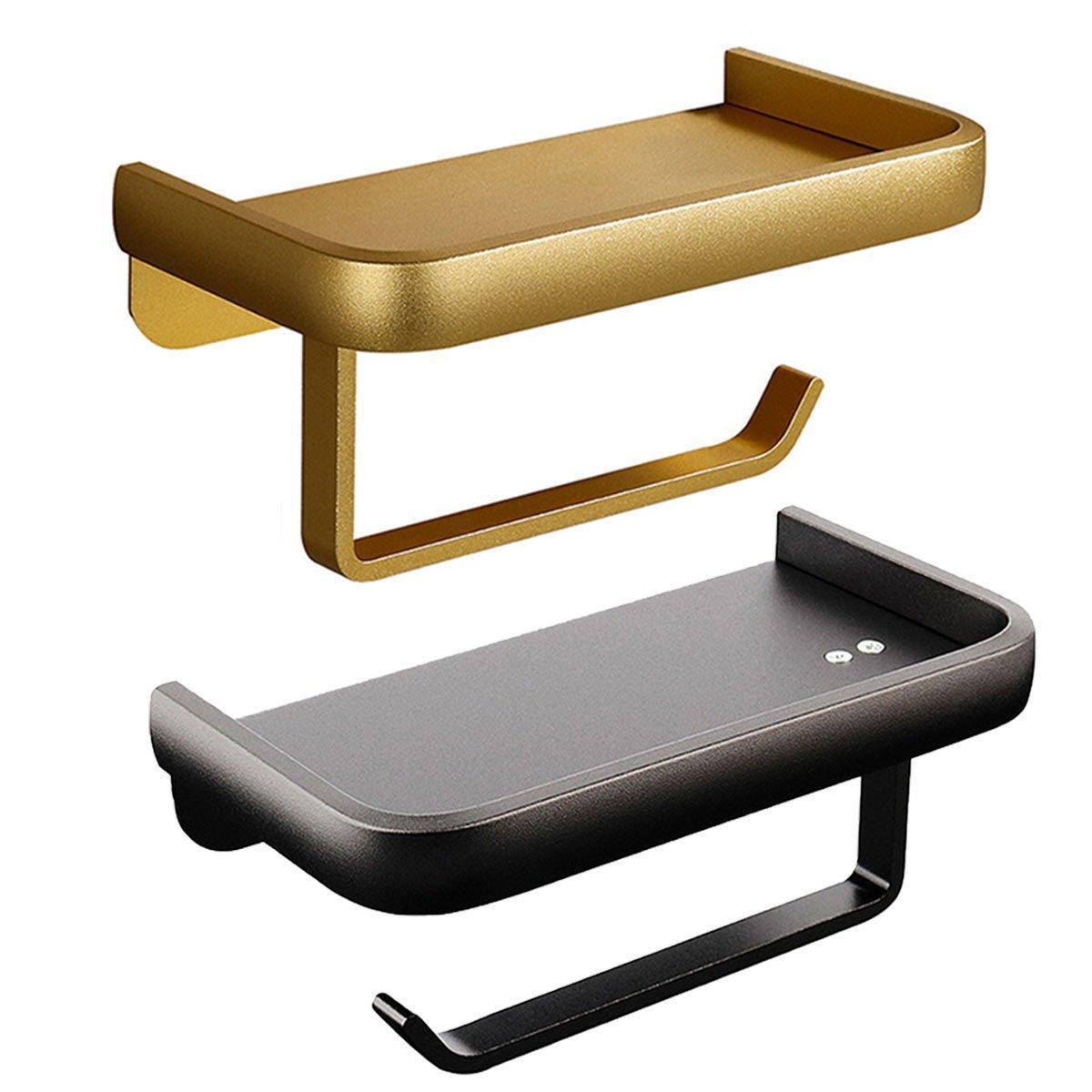 Wall Mounted Aluminum Toilet Paper Holder Non-perforated Tissue Cell Phone Shelf - Golden
