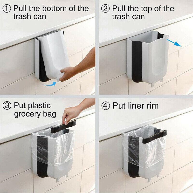 9L Hanging Bin Wall Mounted Folding Waste Bin Kitchen Dining Cabinet Trash Can - Khaki