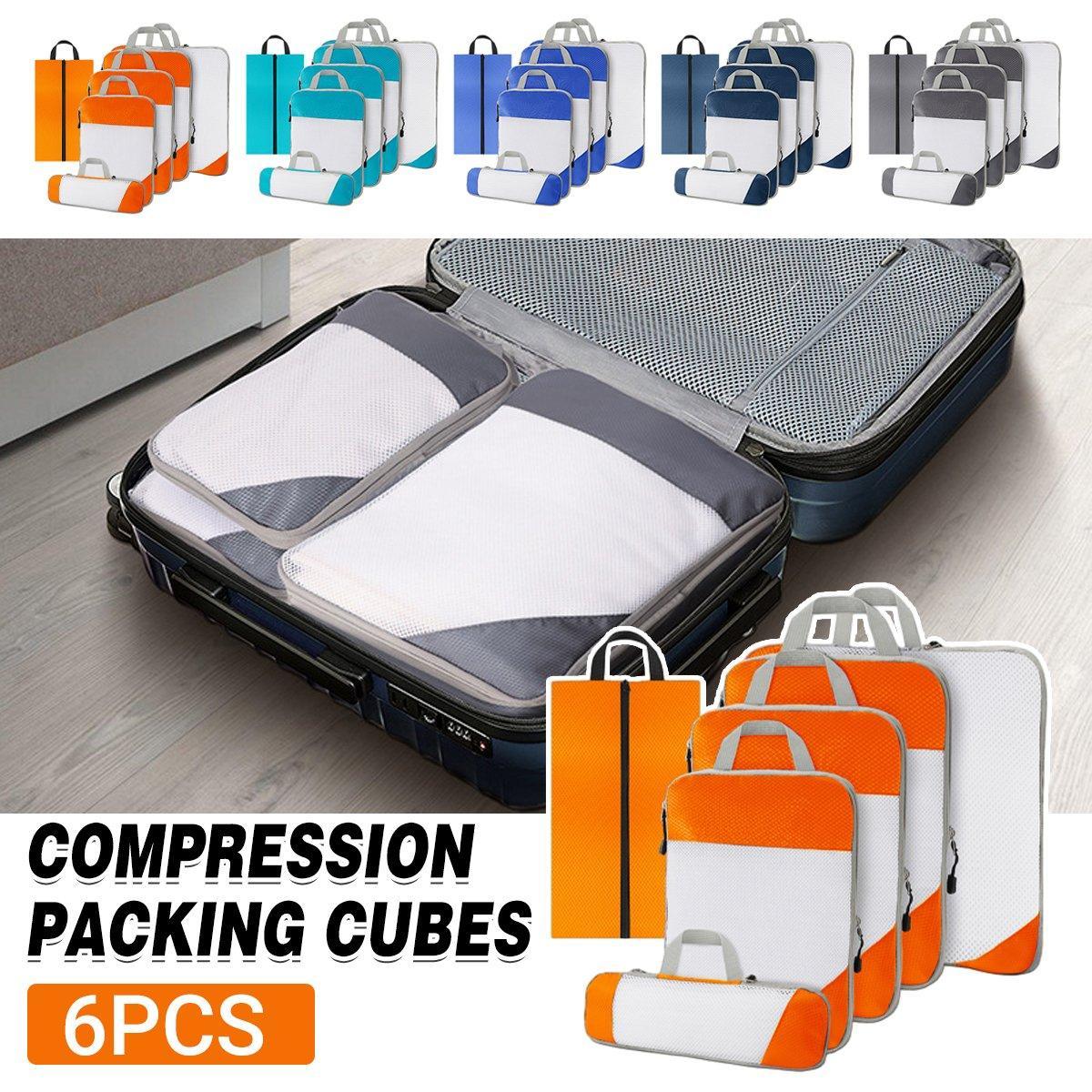 6pcs Mesh Visible Travel Storage Set Waterproof Nylon Compressible Storage Bags - Navy Blue