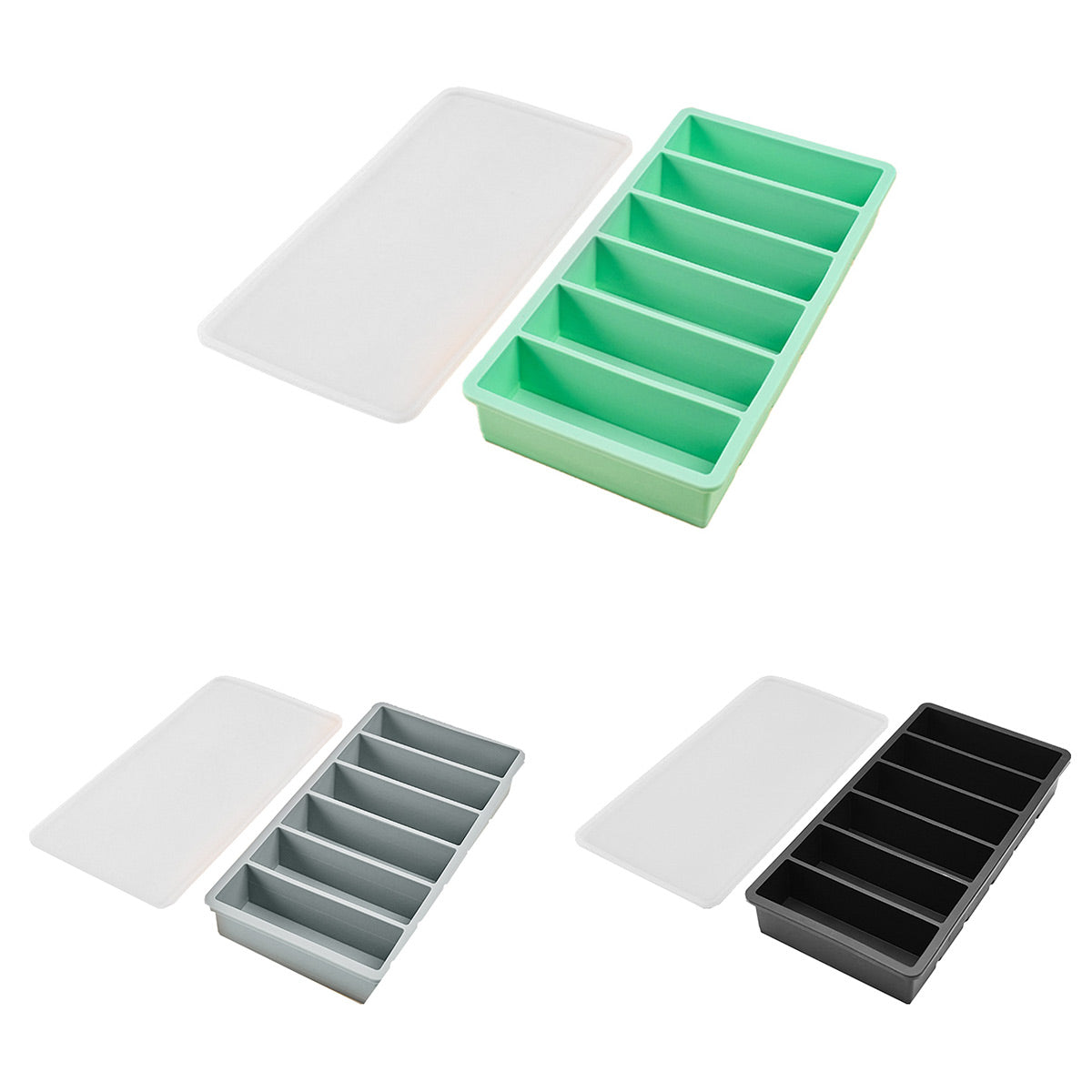 Ice Cube Tray Moulds 6 Slots Rectangular with Lids Silicone Butter Freezer Storage - Black