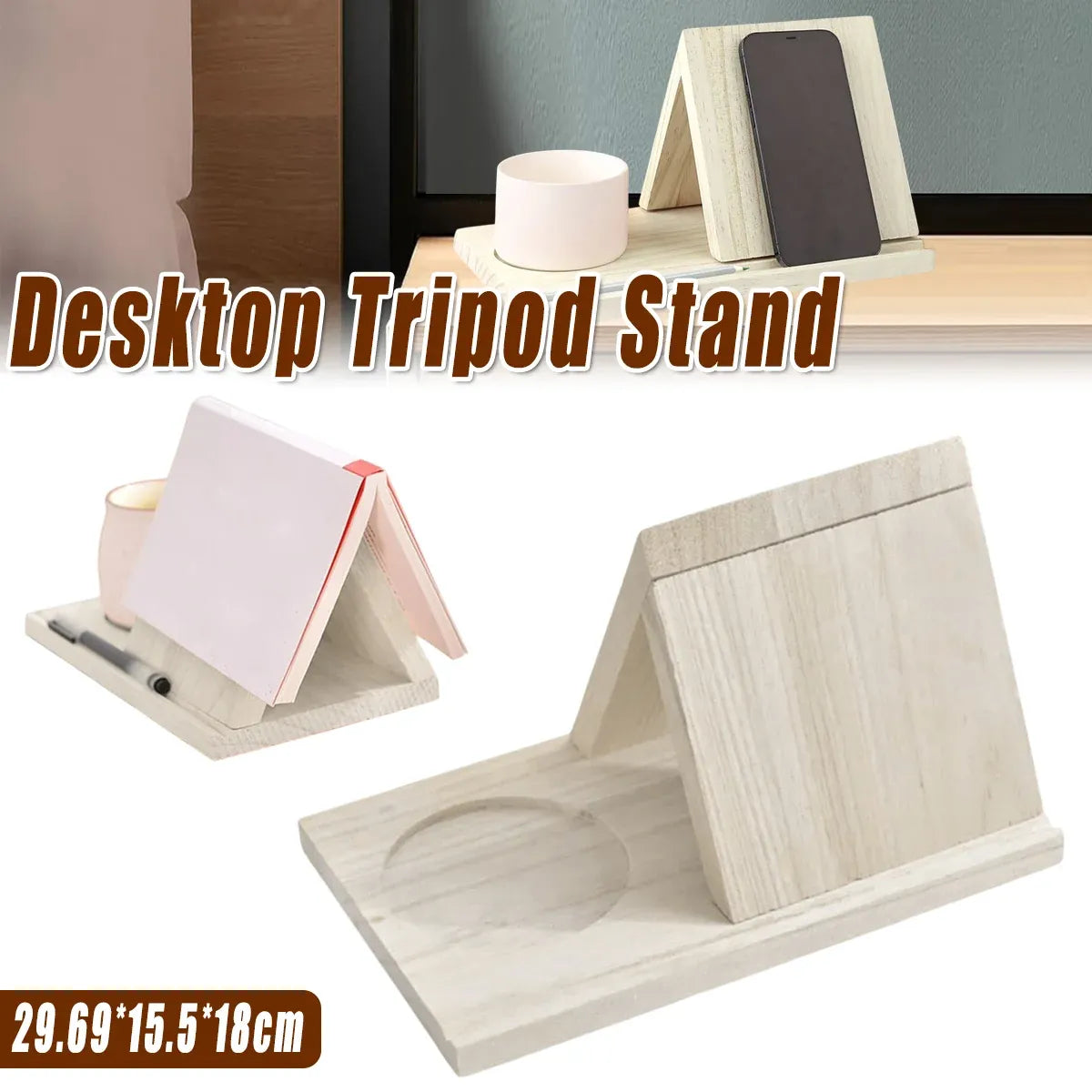 Wooden Small Book Shelf with Drink Glass Pen Holder Triangle Bookmark Book Rest
