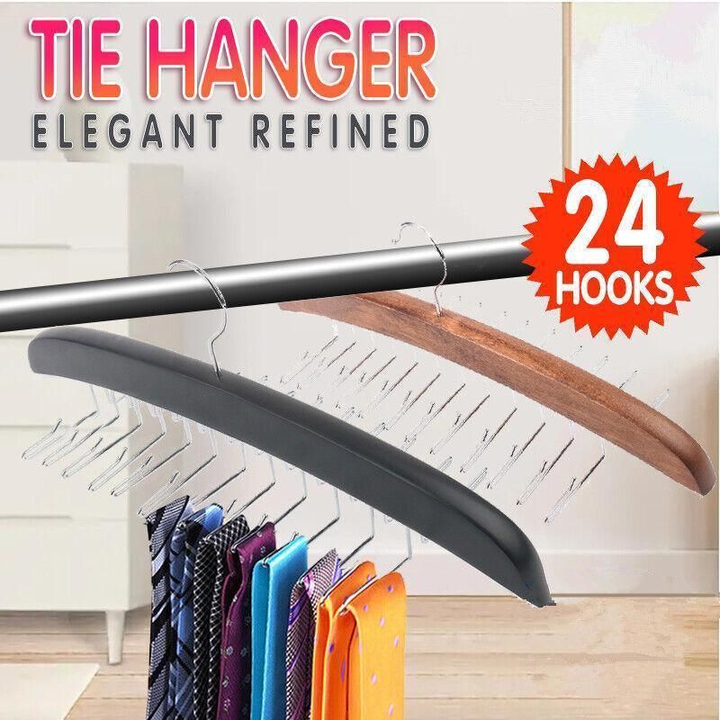 Tie Belt Scarf 24 Hooks Hanger Rack Clip Organiser Holder Storage Wood - Black