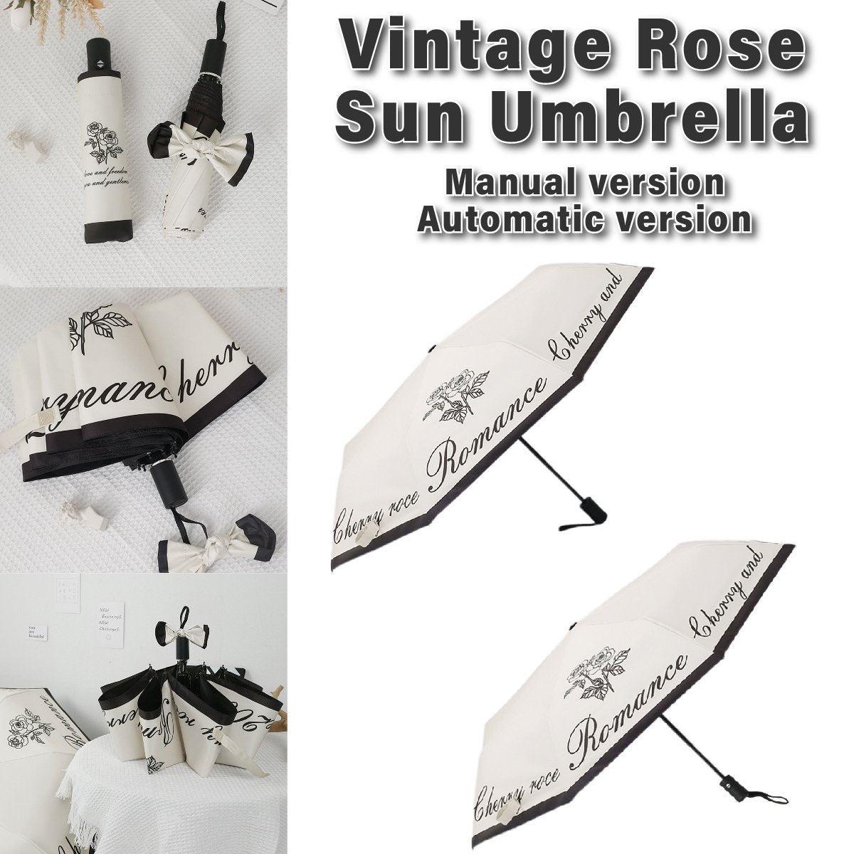 Vintage Rose UV Protection Automatic Manual Tri-fold Sun Rain Umbrella Sunshade - Automatic