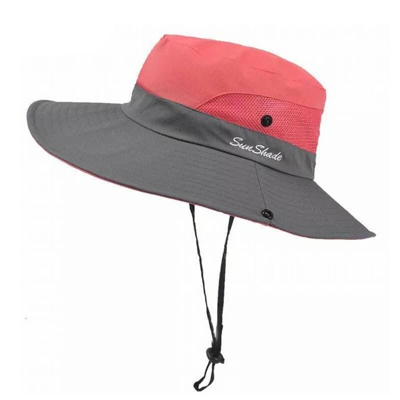 Women Wide Brim Ponytail Hat Sun Protect Visor Summer Beach Cap Anti Uv Floppy - Watermelon Red