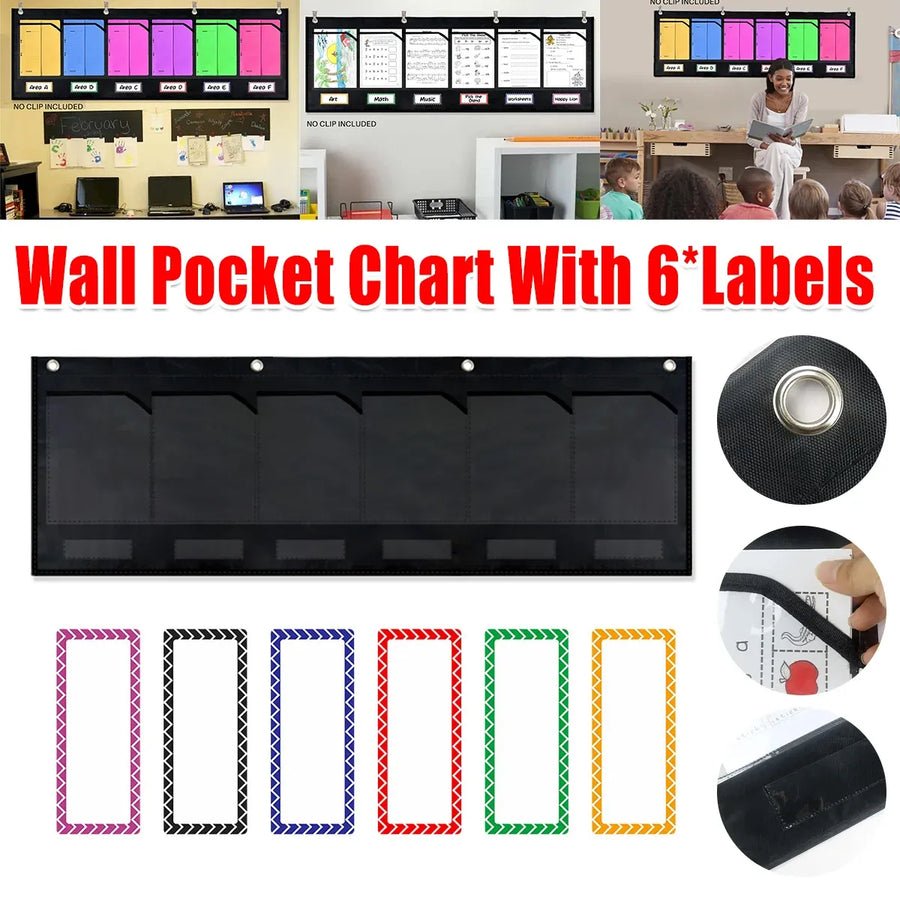 Wall Pocket Chart with 6 Labels Durable Oxford Cloth for School Office Documents