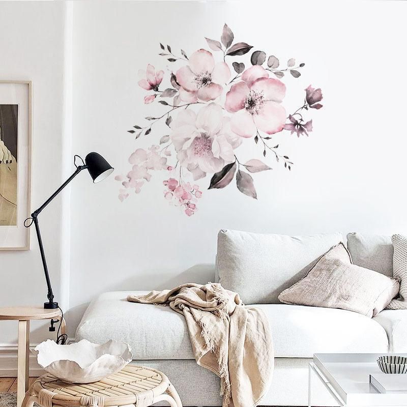 Removable Wall Stickers Watercolour Dusty Pink Flowers Leaves