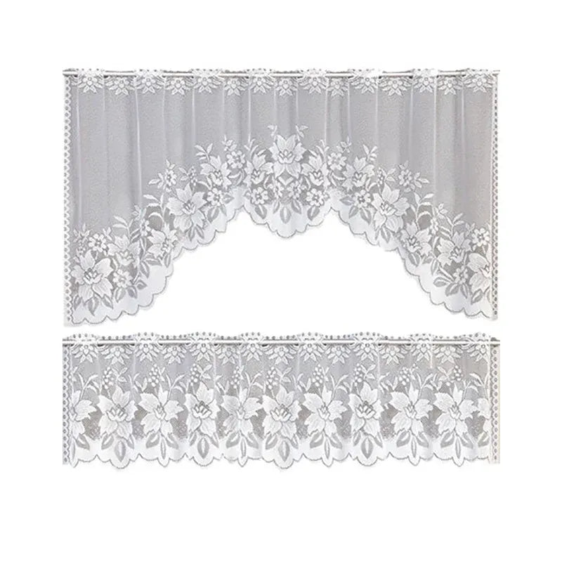 White Lace Window Curtain Short Tier Panel for Kitchen Bathroom - Morning glory