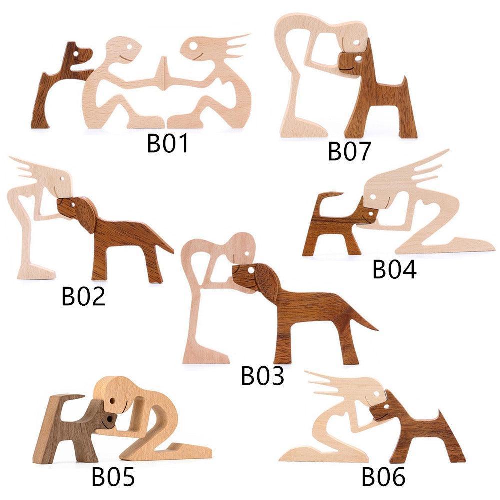 Handmade Wooden Statue Sitting Family and Dog Craft Home Decor - B05