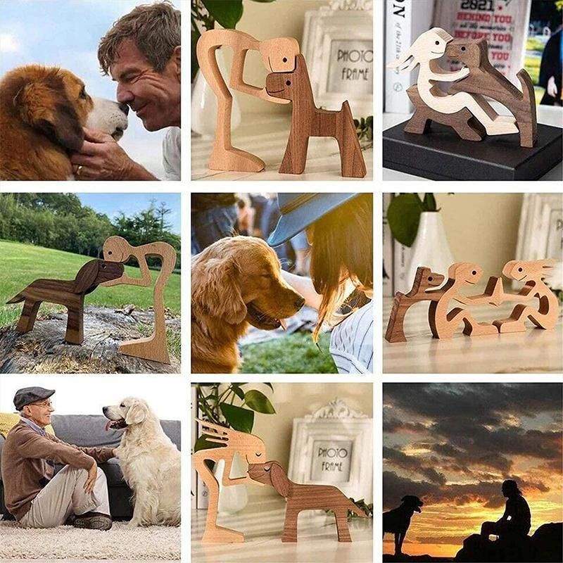 Handmade Wooden Statue Sitting Family and Dog Craft Home Decor - B07