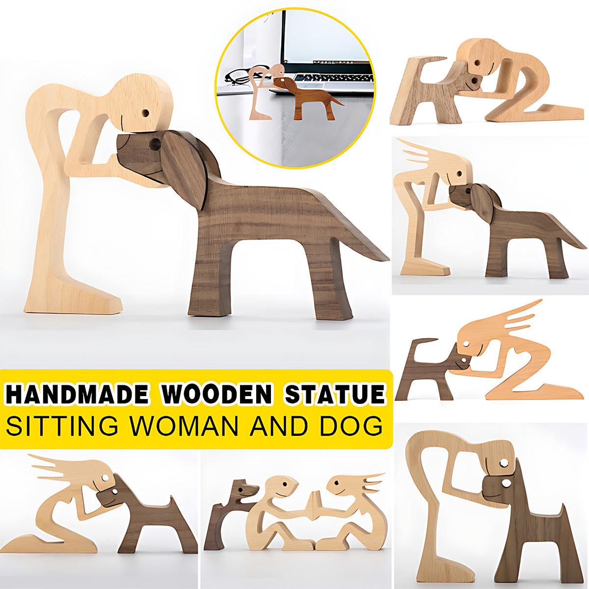 Handmade Wooden Statue Sitting Family and Dog Craft Home Decor - B02