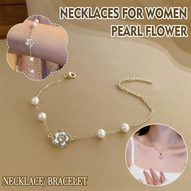 Pearl Flower Bracelet Women Bracelets Charm Hand Chain Titanium Steel Chain - Necklaces