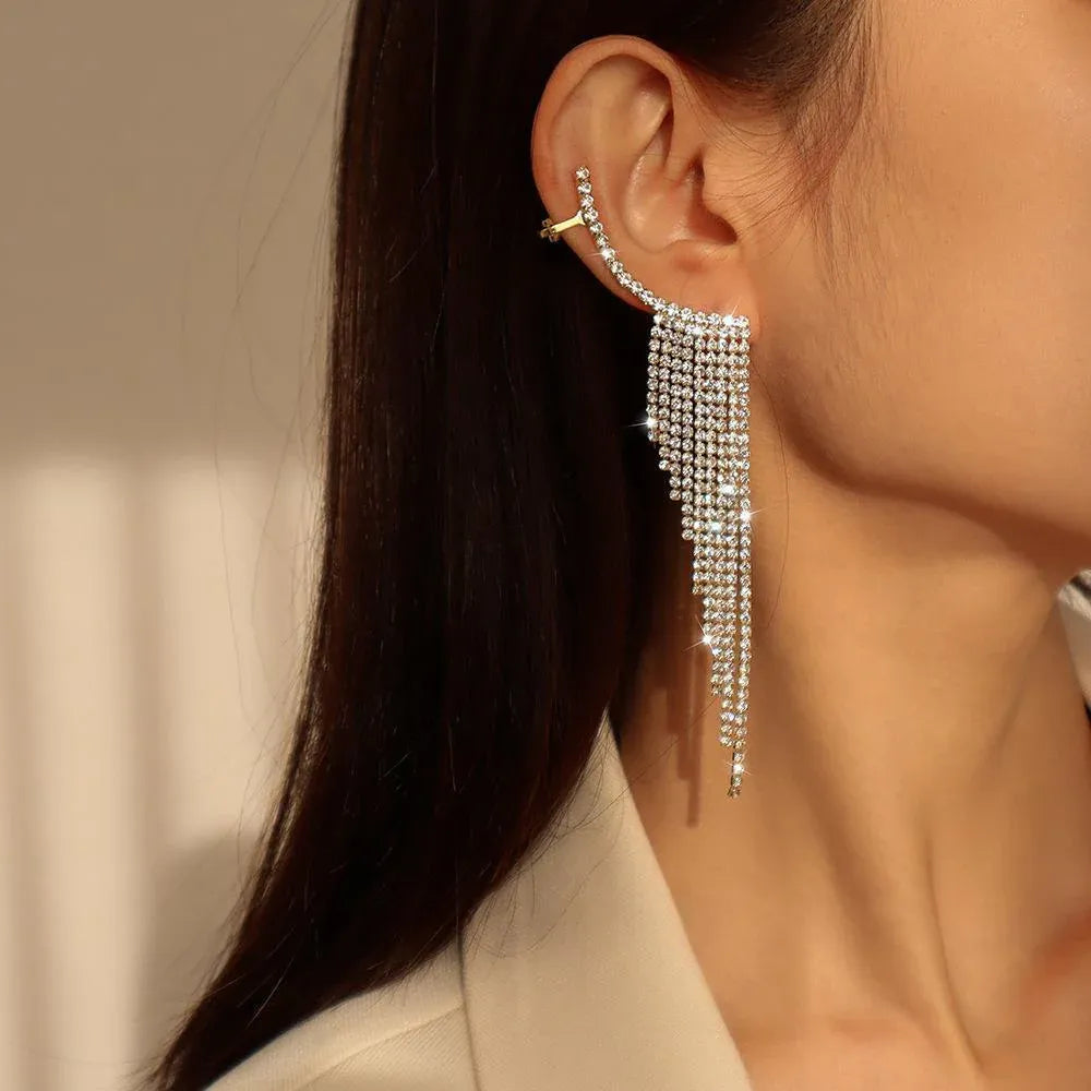 Bling Dangle Drop Tassel Earrings Long Tassel Rhinestone Rhinestone Earrings - Silver