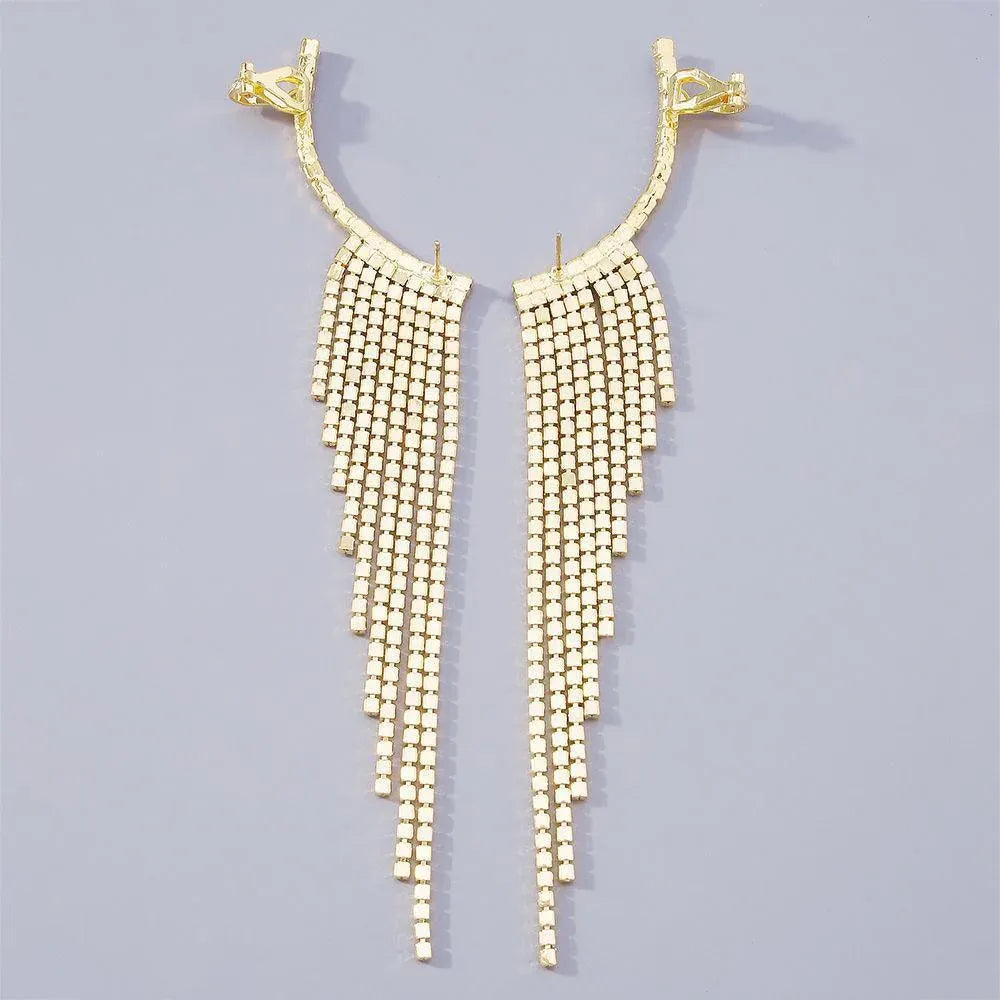 Bling Dangle Drop Tassel Earrings Long Tassel Rhinestone Rhinestone Earrings - Silver