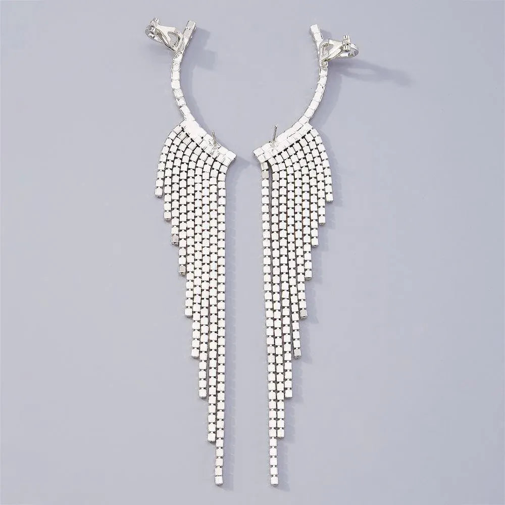 Bling Dangle Drop Tassel Earrings Long Tassel Rhinestone Rhinestone Earrings - Gold