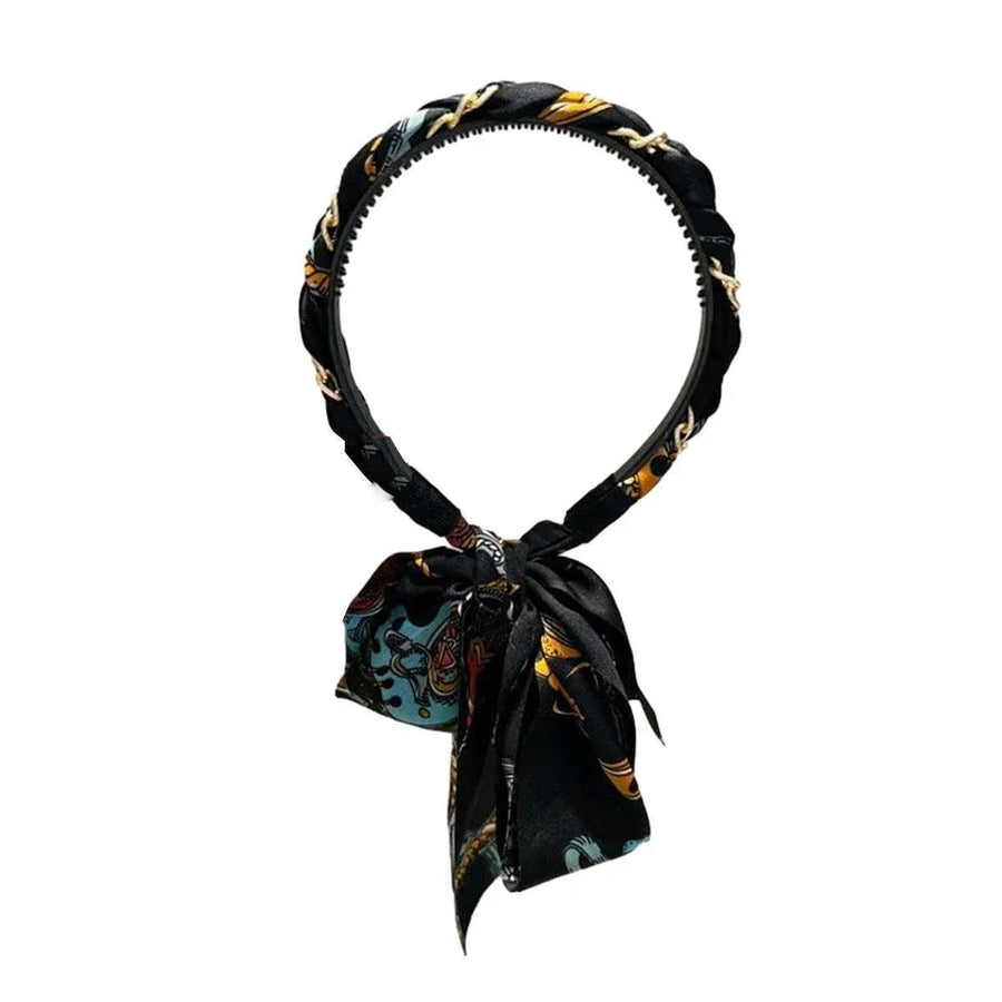 Chains patterned satin headband with Long Scarf Headband Scarf Hair Accessories - Black
