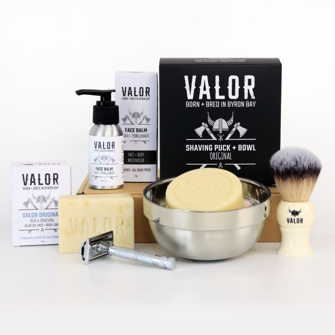 VALOR Decadent Shaving Gift Set – Organic Razor Kit with Soap, Brush, Balm & Body Bar