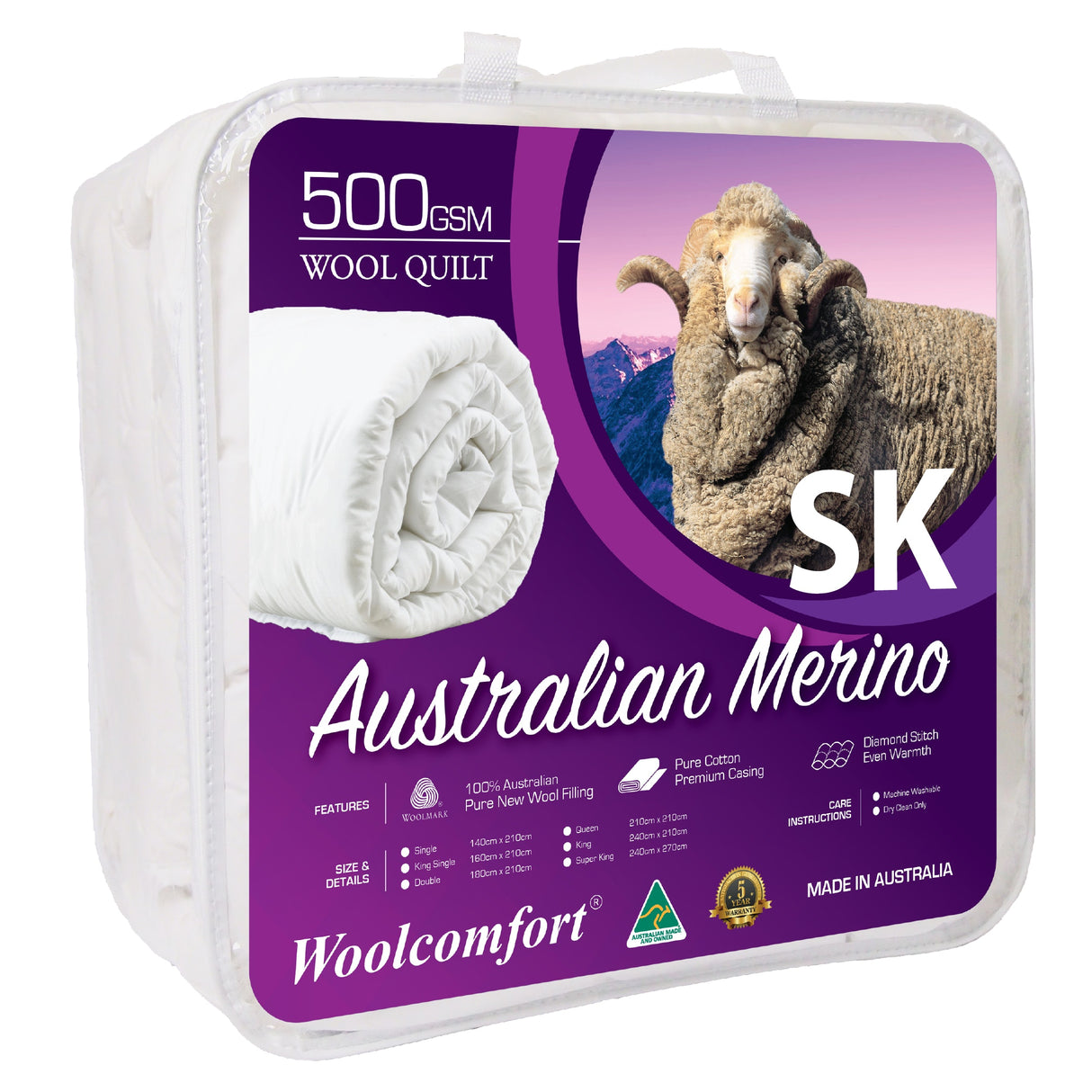 Premium Australian Merino Wool Quilt - 500GSM Super King Size (270x240cm)