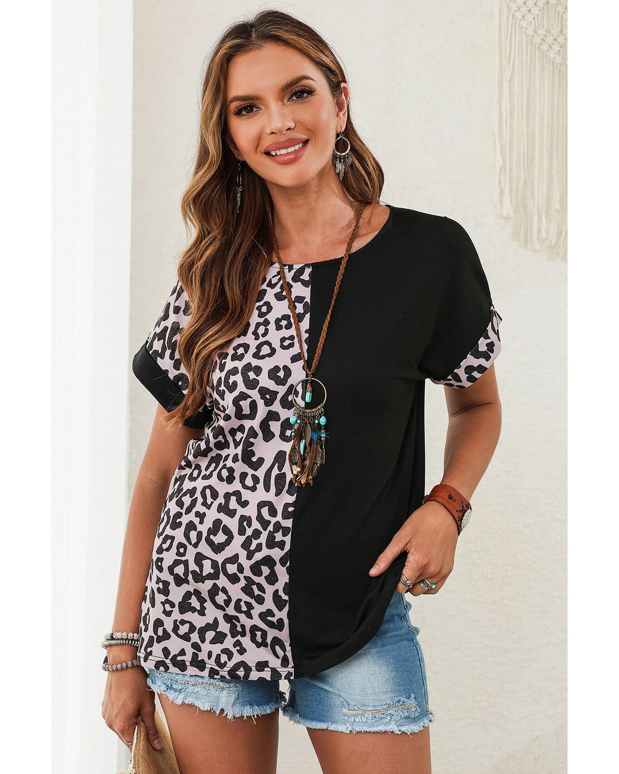 Azura Exchange Trendy Leopard Print Patchwork Short Sleeve Blouse - S