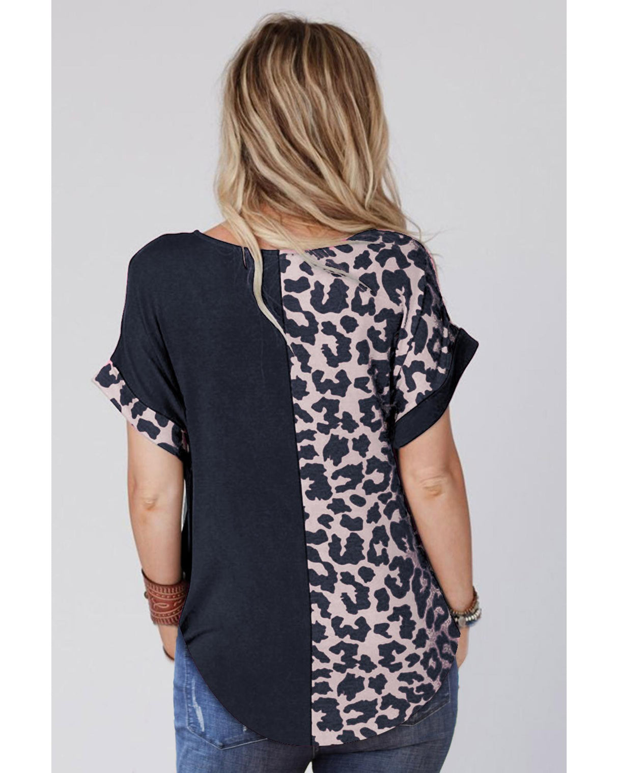 Azura Exchange Trendy Leopard Print Patchwork Short Sleeve Blouse - S