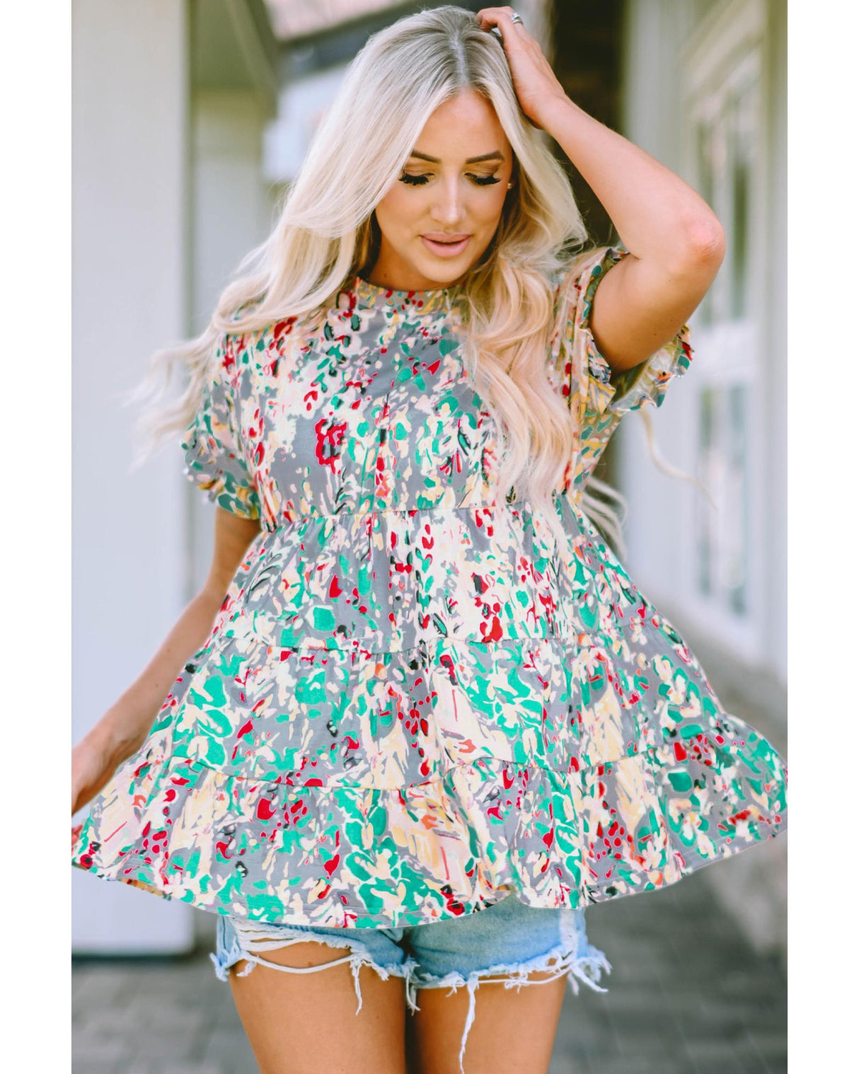 Azura Floral Ruffle Sleeve Babydoll Top - S