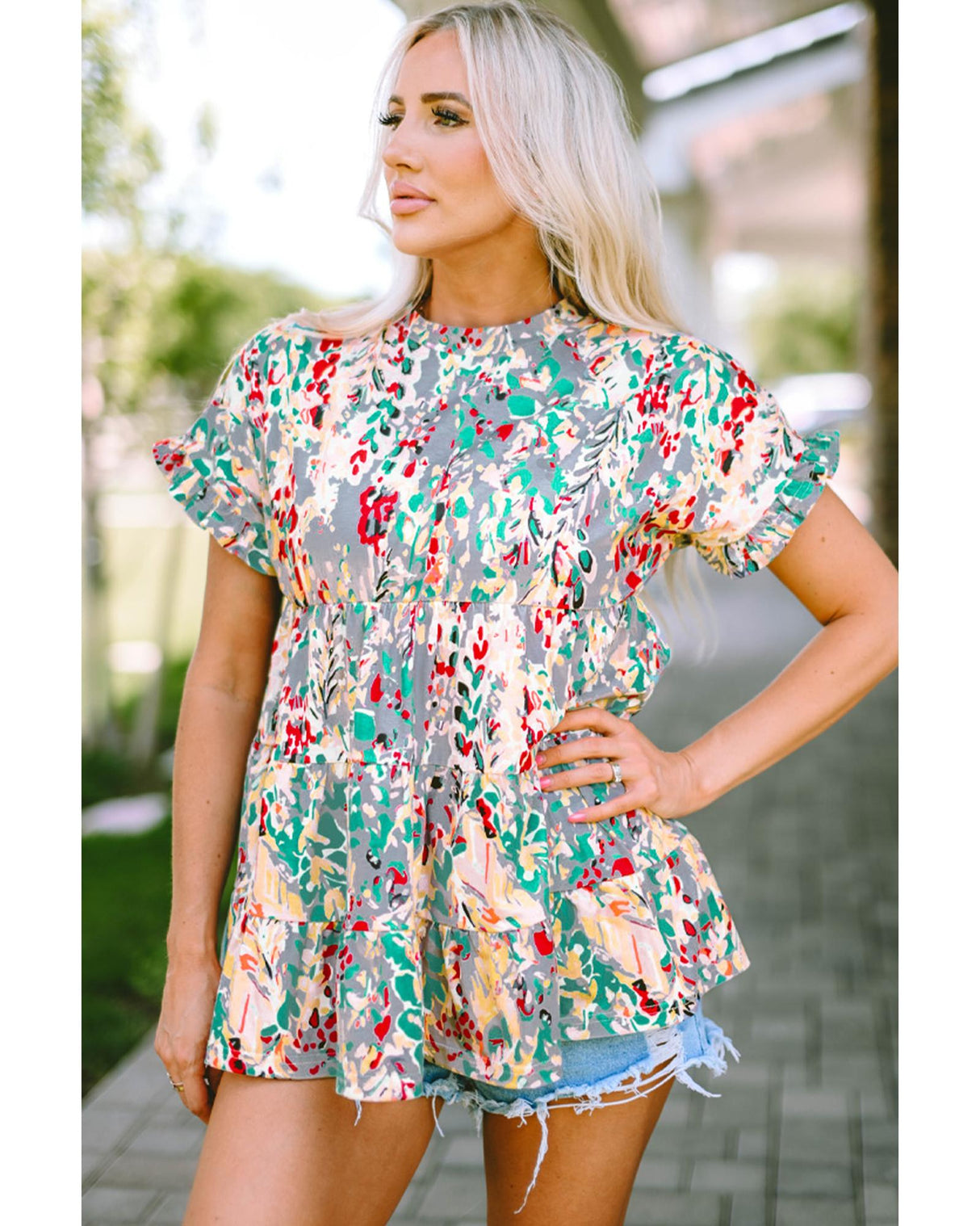 Azura Floral Ruffle Sleeve Babydoll Top - S
