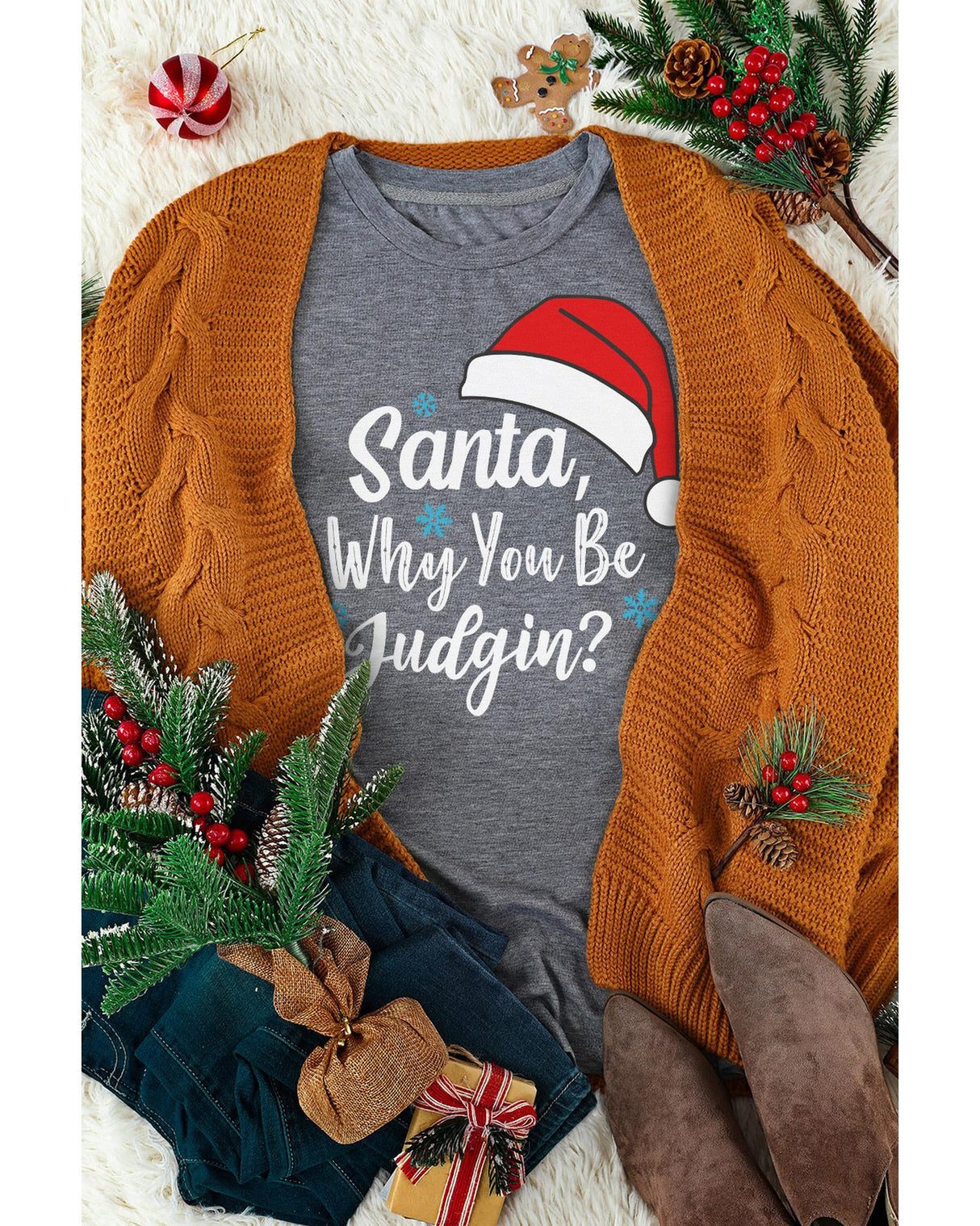 Azura Exchange Snowflake Christmas Tee with Santa Hat - Size S