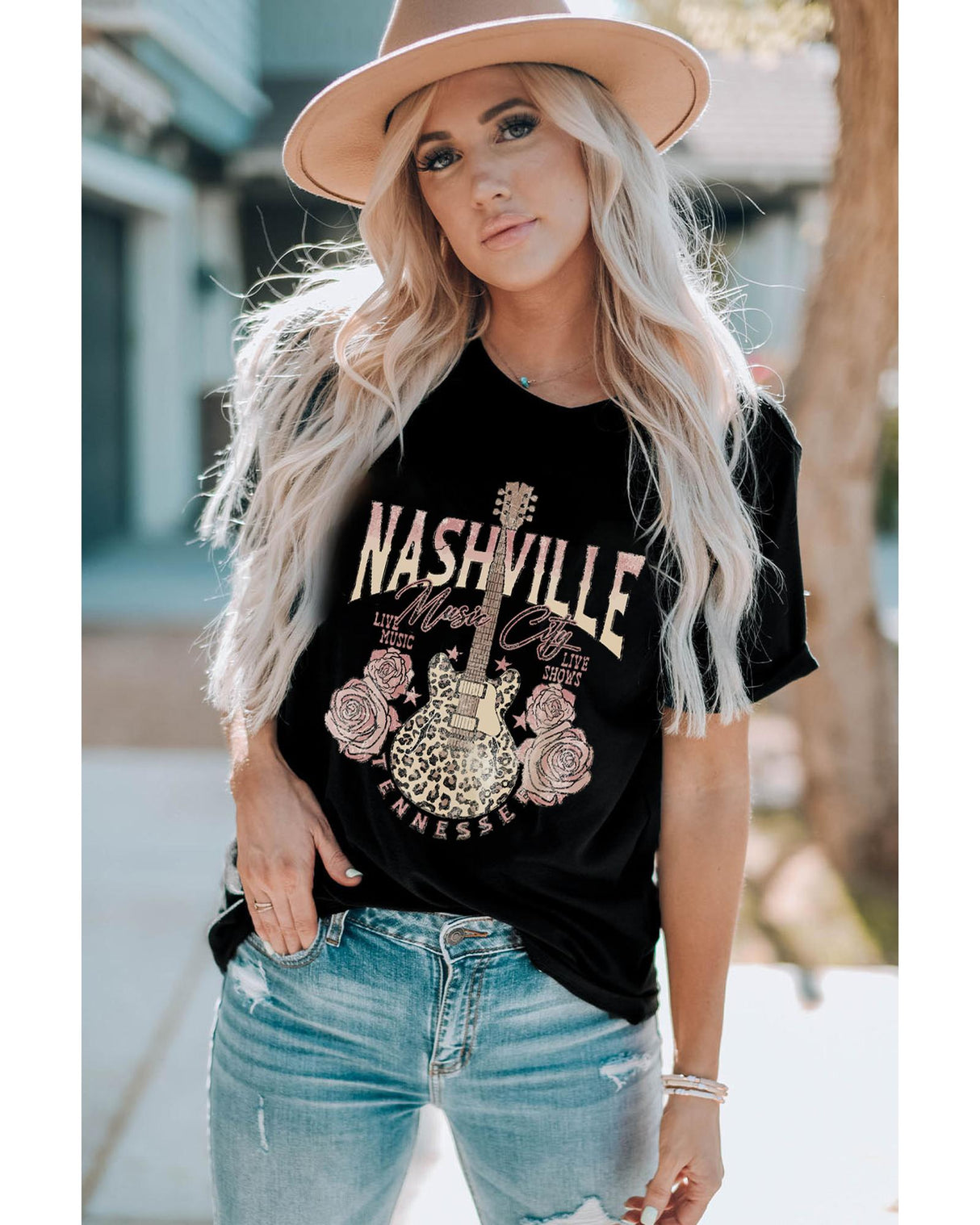 Leopard Guitar Rose Print Women's T-Shirt - Size L