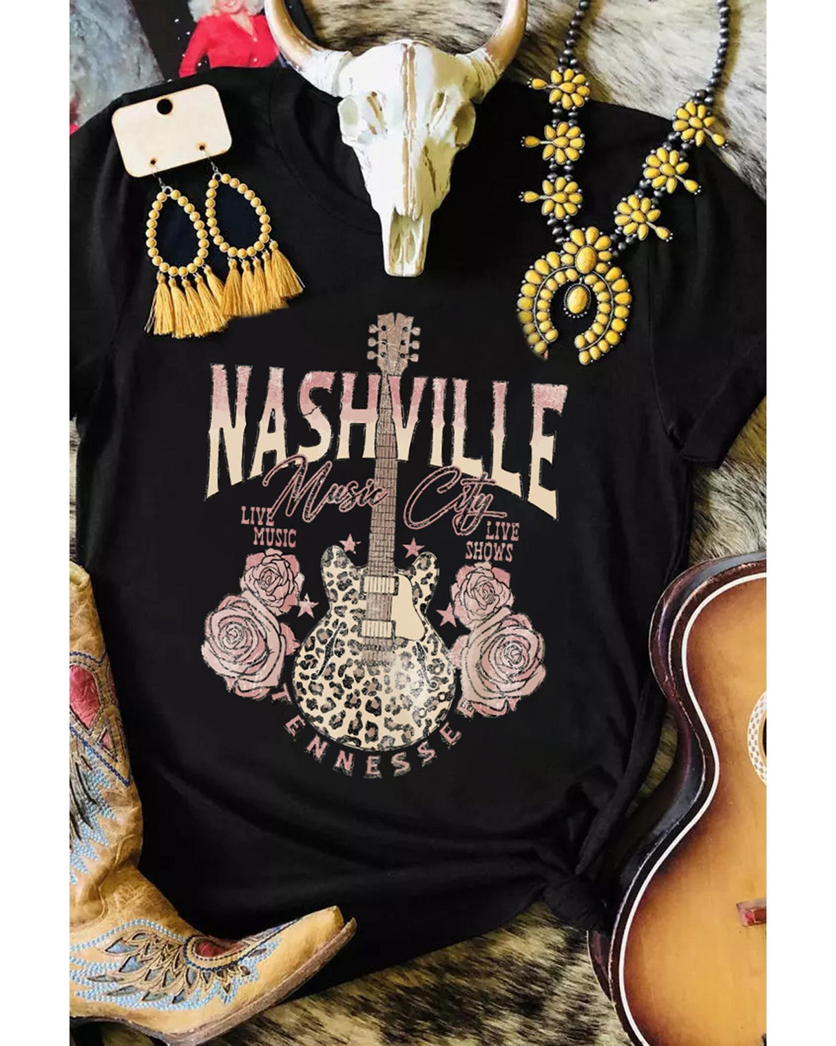 Leopard Guitar Rose Print Women's T-Shirt - Size L