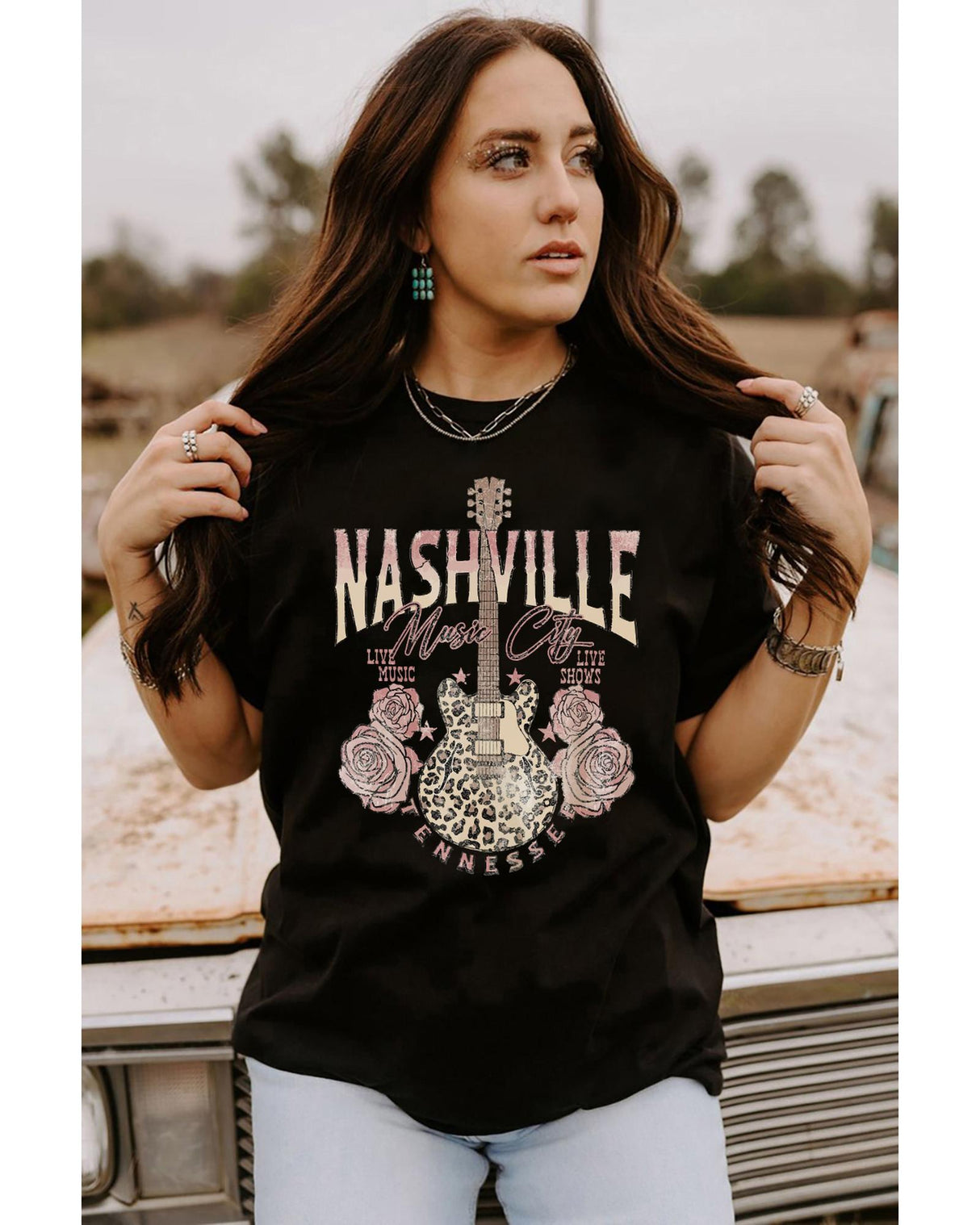 Leopard Guitar Rose Print Women's T-Shirt - Size L