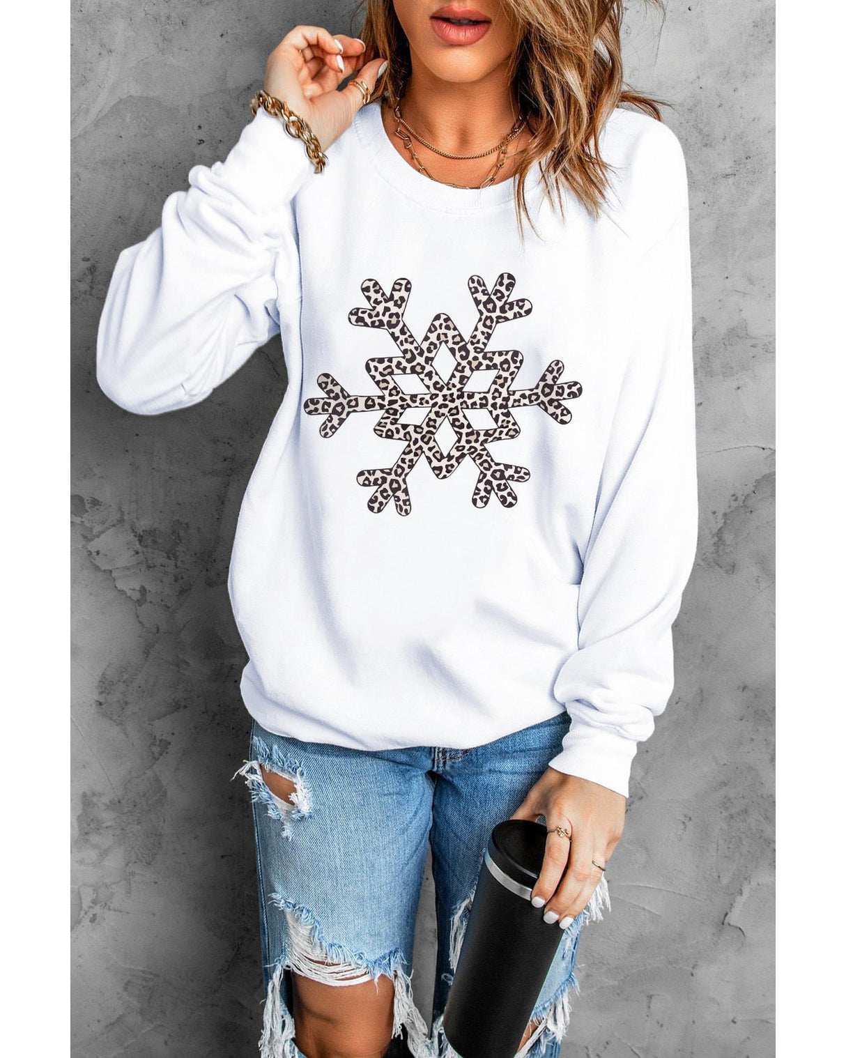 Azura Exchange Leopard Print Snowflake Crew Neck Sweatshirt - S