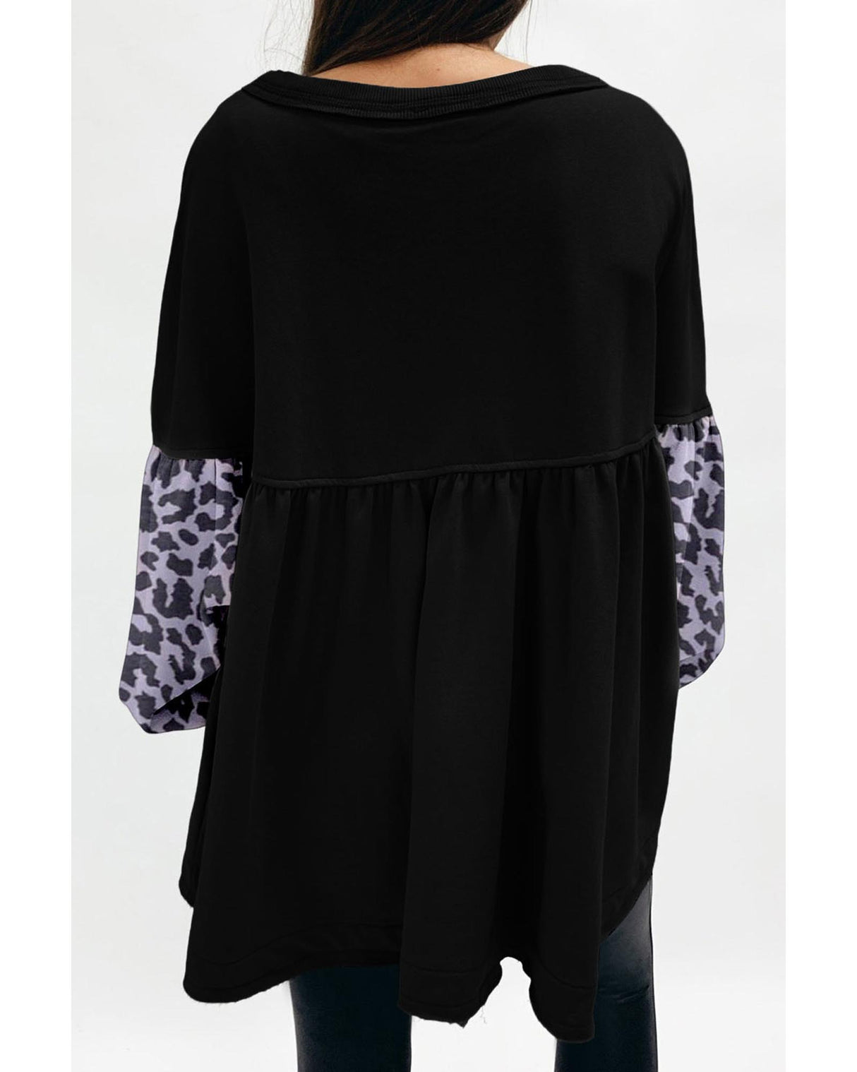 Azura Exchange Black Leopard Sleeve Ruffle Casual Sweatshirt - S