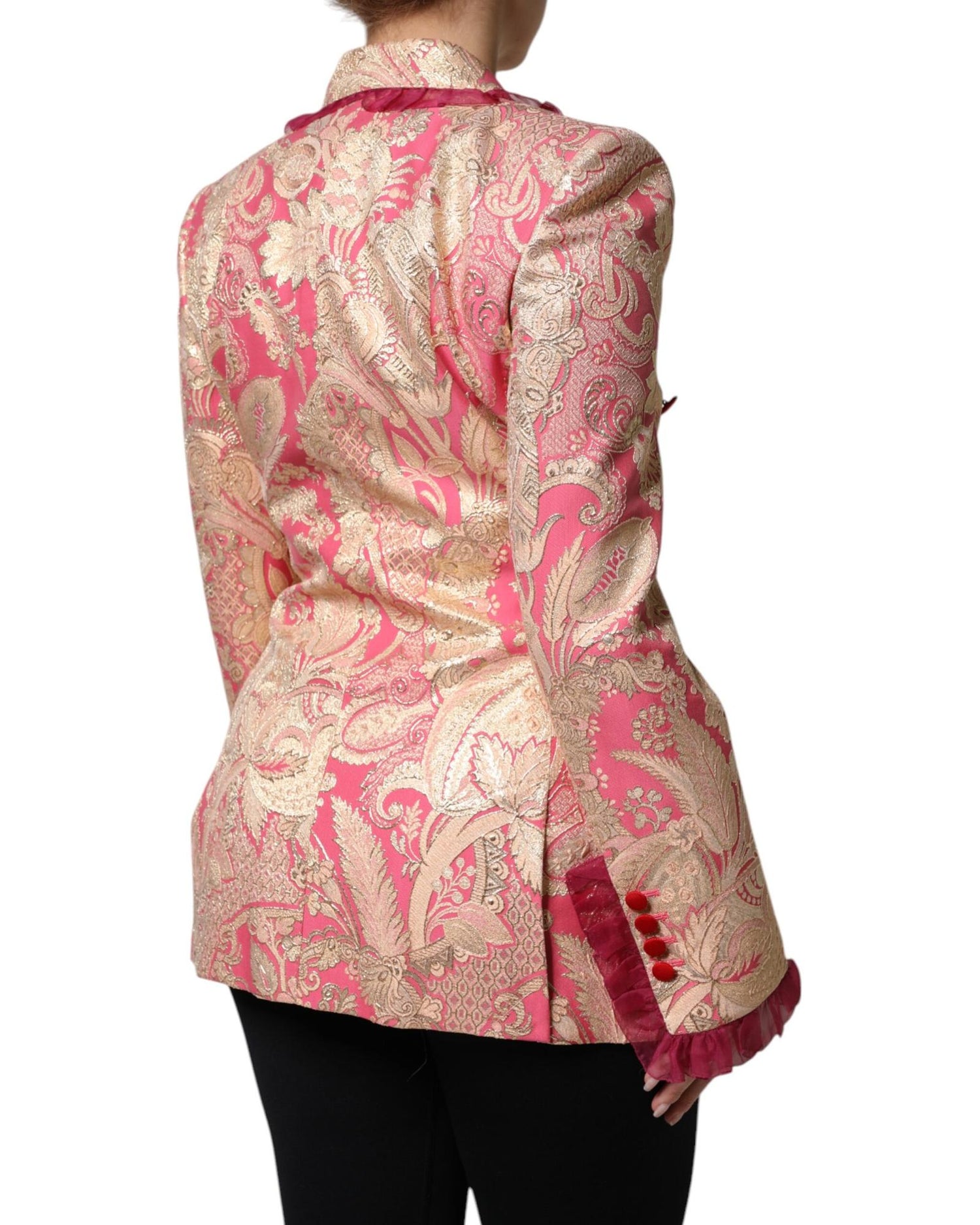 Dolce & Gabbana Women's Pink Gold Jacquard Nylon Coat Blazer Jacket - 40 IT