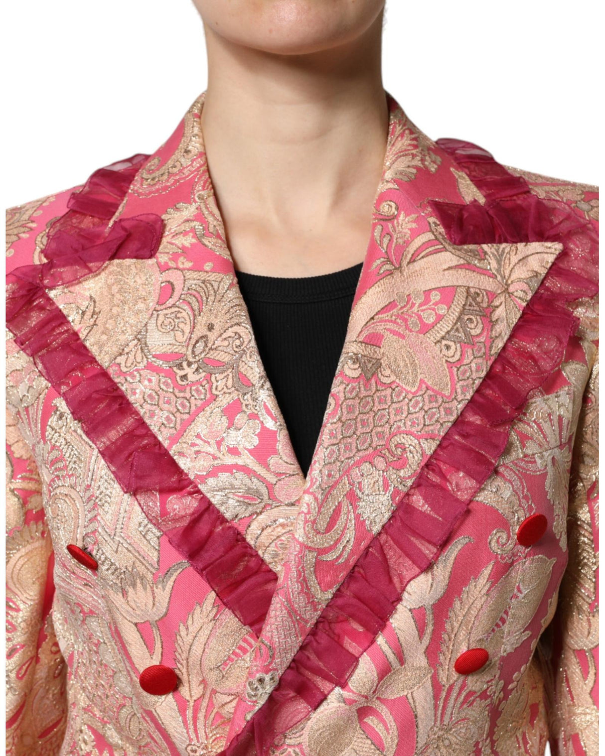 Dolce & Gabbana Women's Pink Gold Jacquard Nylon Coat Blazer Jacket - 40 IT