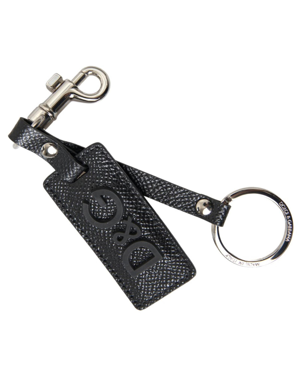 Dolce & Gabbana Men's Black Leather Keychain with Silver DG Logo - One Size